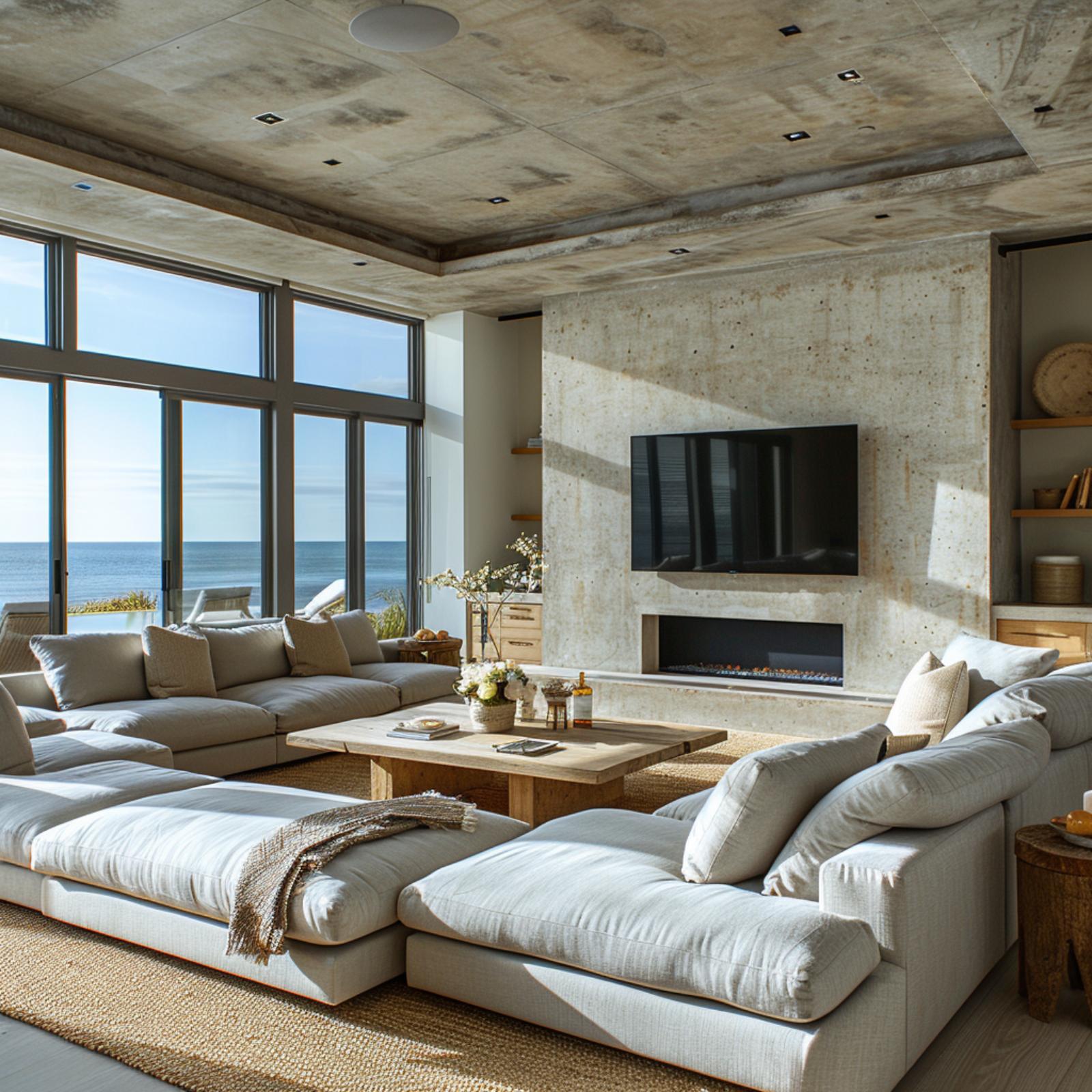 Exposed Concrete, a Linear Fireplace, and Cloud Sofas That Actually Earn the Square Footage