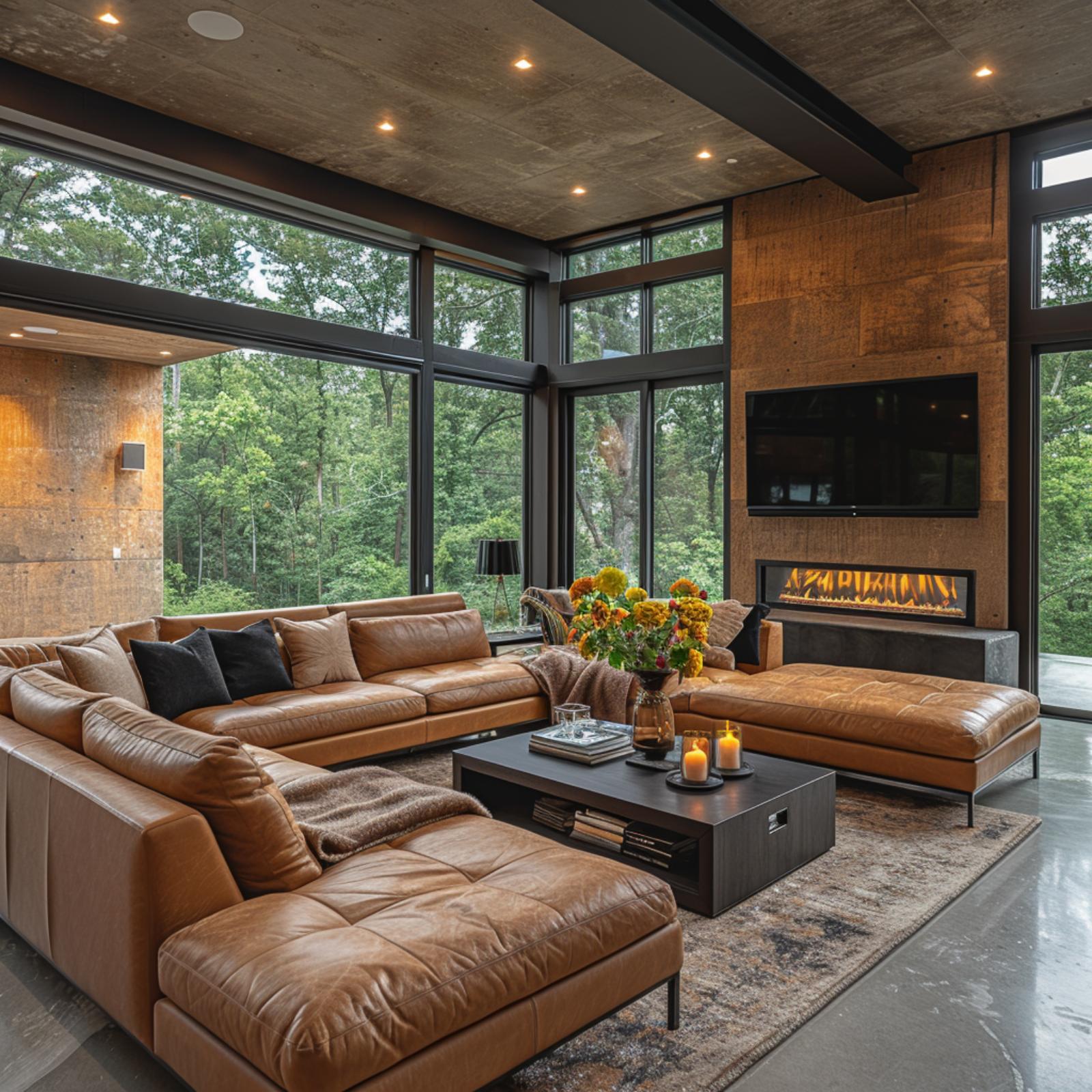 Cognac Leather, Exposed Concrete, and Floor-to-Ceiling Glass That Pulls the Forest Inside