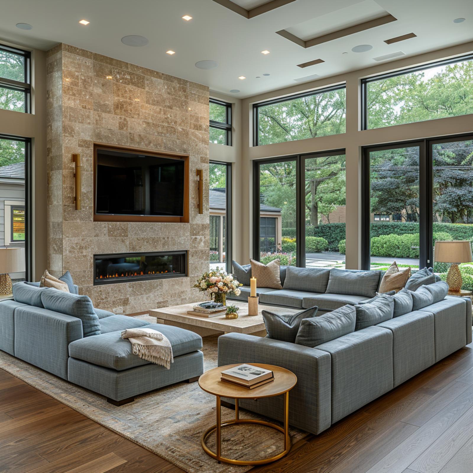 Travertine, Two Sectionals, and a Fireplace Wall That Actually Justifies the Square Footage