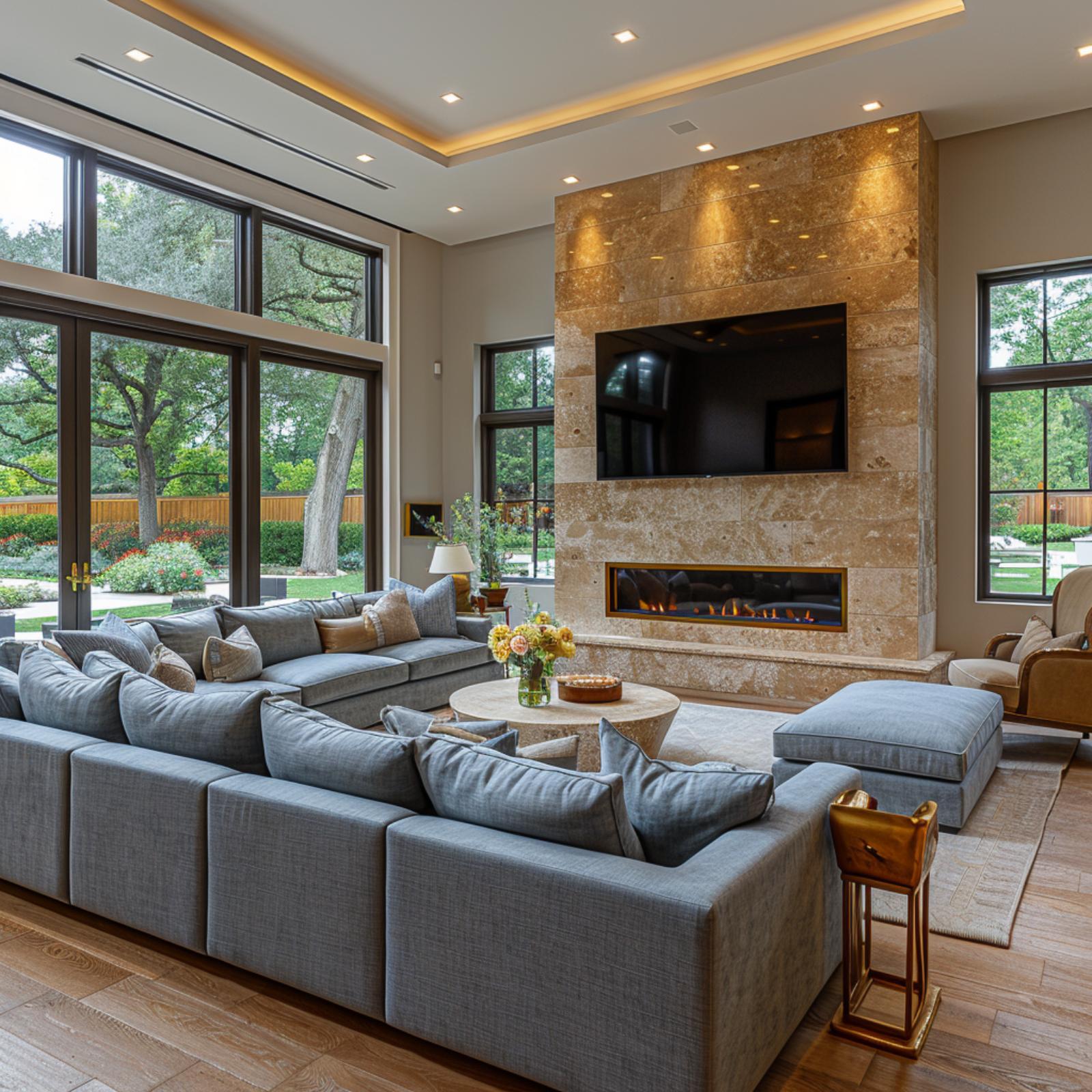 Gray Sectional, Travertine Fire Wall, and a Garden View That Pulls Double Duty