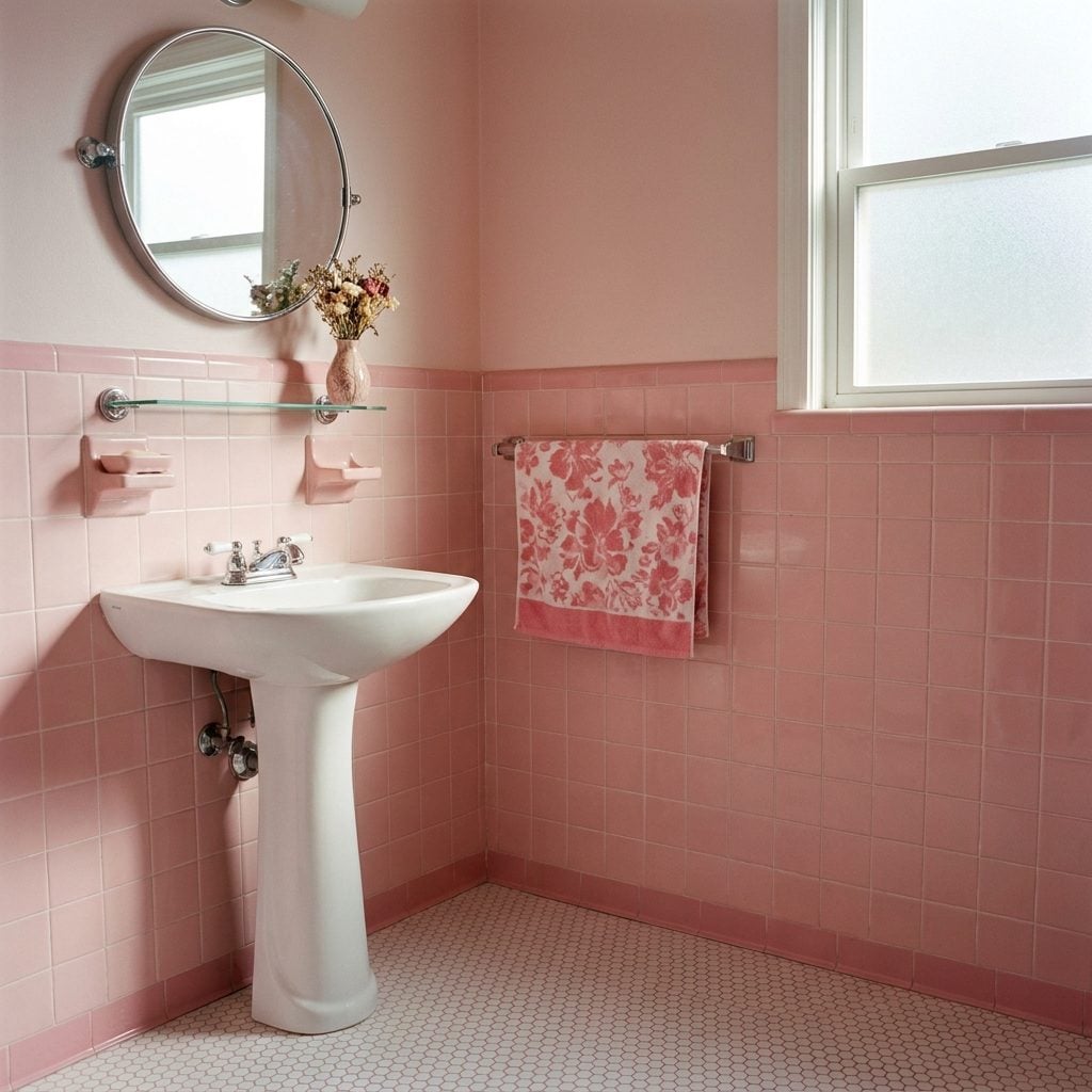 Pink Ceramic Tile Carried Halfway Up Every Wall Like It Ran Out of Ambition
