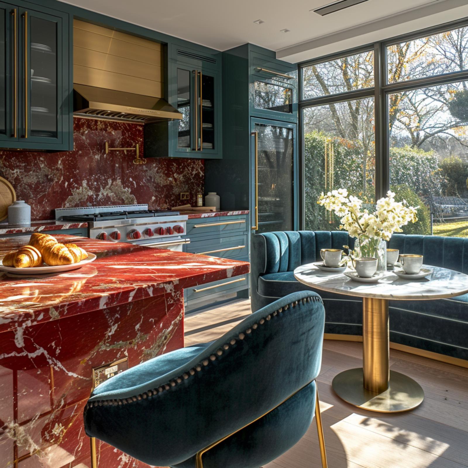 Rosso Marble, Teal Velvet, and a Breakfast Nook That Steals the Kitchen's Thunder
