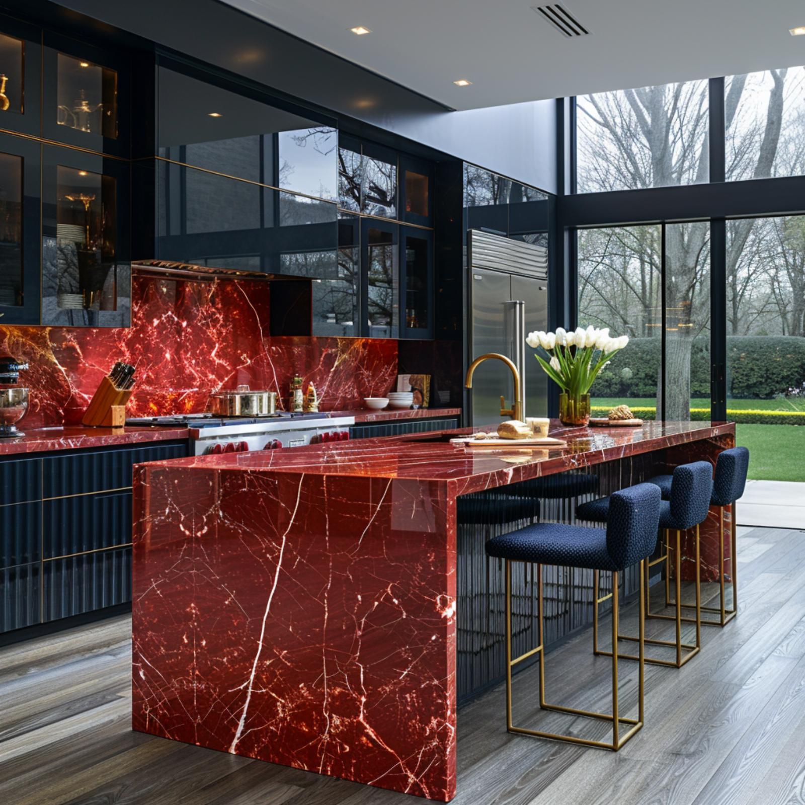 Navy Cabinets, Red Marble Island, and Floor-to-Ceiling Glass That Earns Its Place
