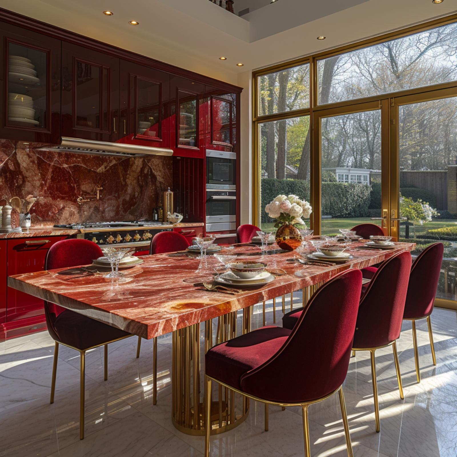 Crimson Velvet, Red Marble Dining Table, and Cabinets That Don't Compete