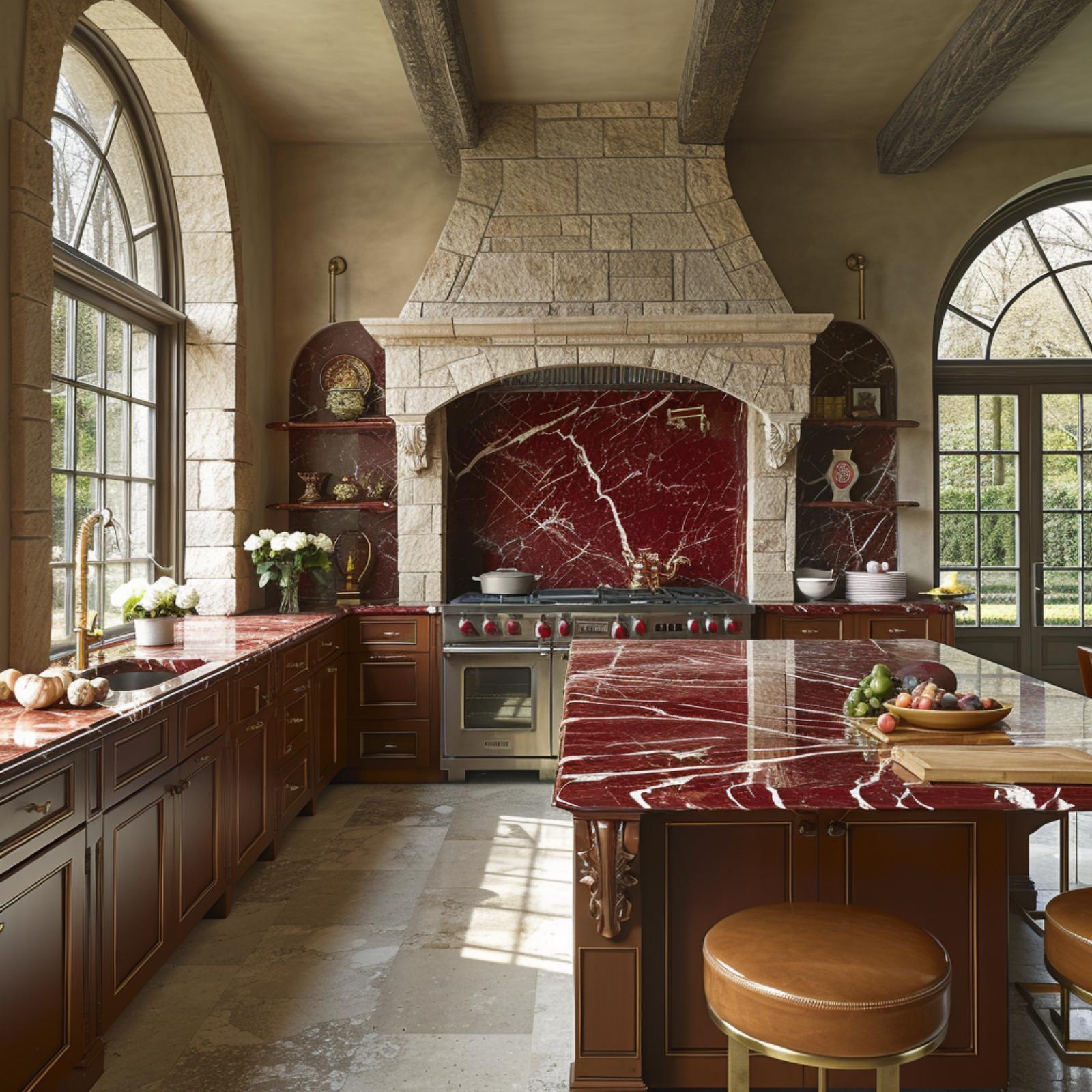 Rouge Marble, a Stone Range Hood, and Cabinets That Actually Deserve the Attention