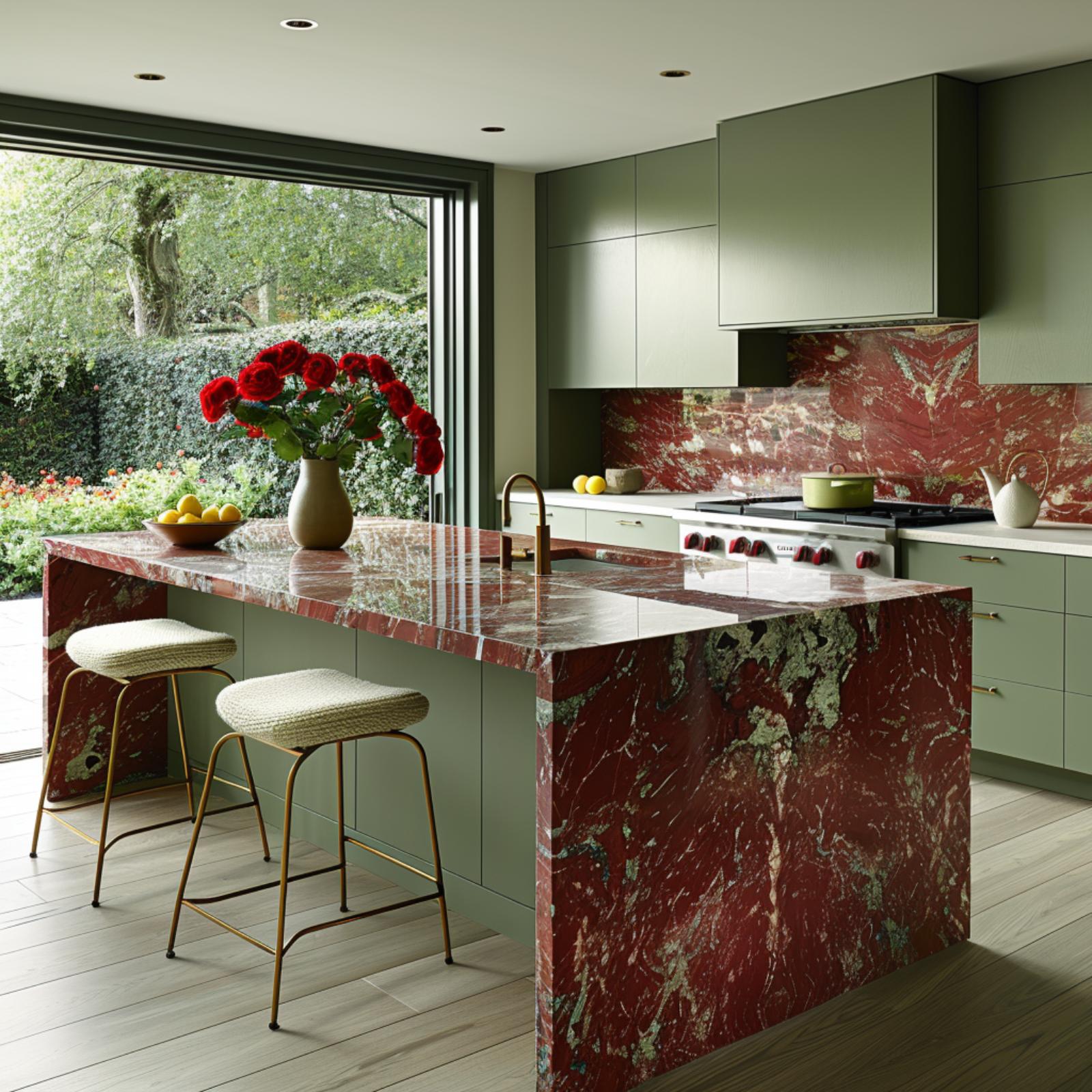 Sage Cabinets, Red Marble Island, and a Garden View That Ties It Together
