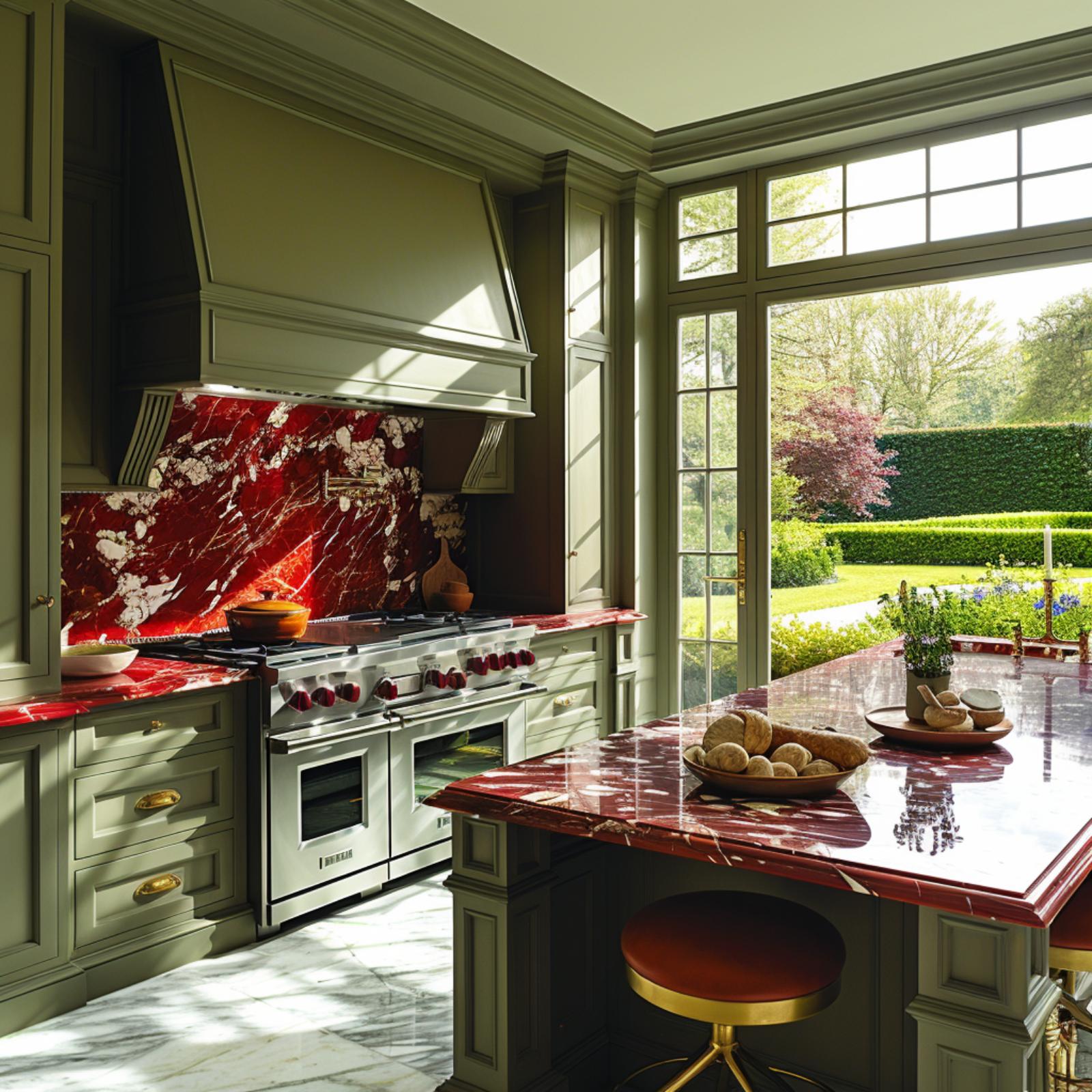 Olive Cabinetry, Red Marble Counters, and Garden Doors That Pull the Room Open