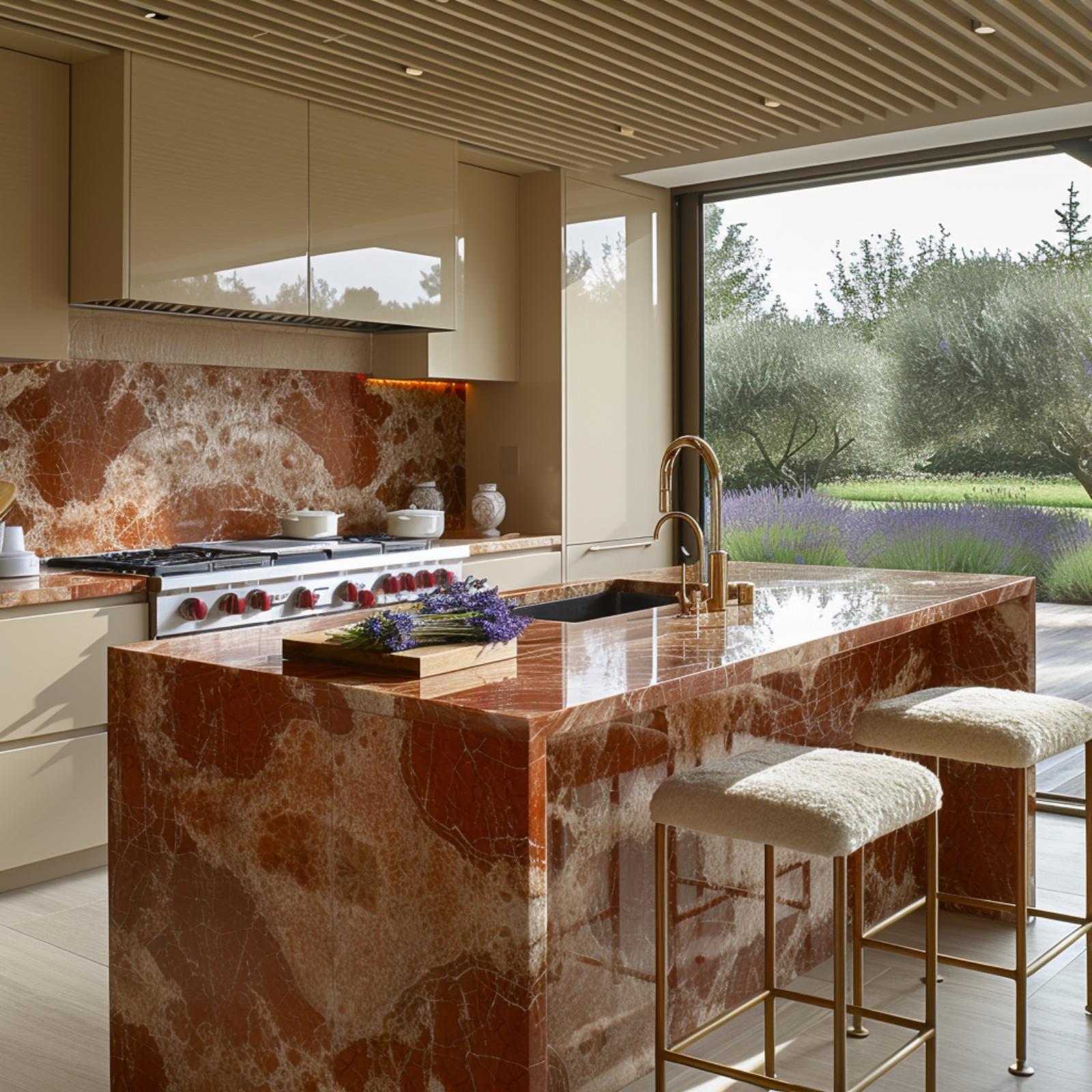 Rosso Marble, Glazed Cream Cabinets, and a Lavender Garden That Earns Its Seat at the Table