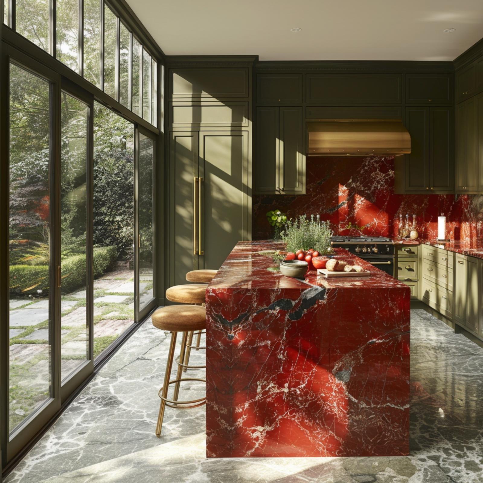 Olive Cabinets, Red Marble Island, and Brass Details That Refuse to Blend In