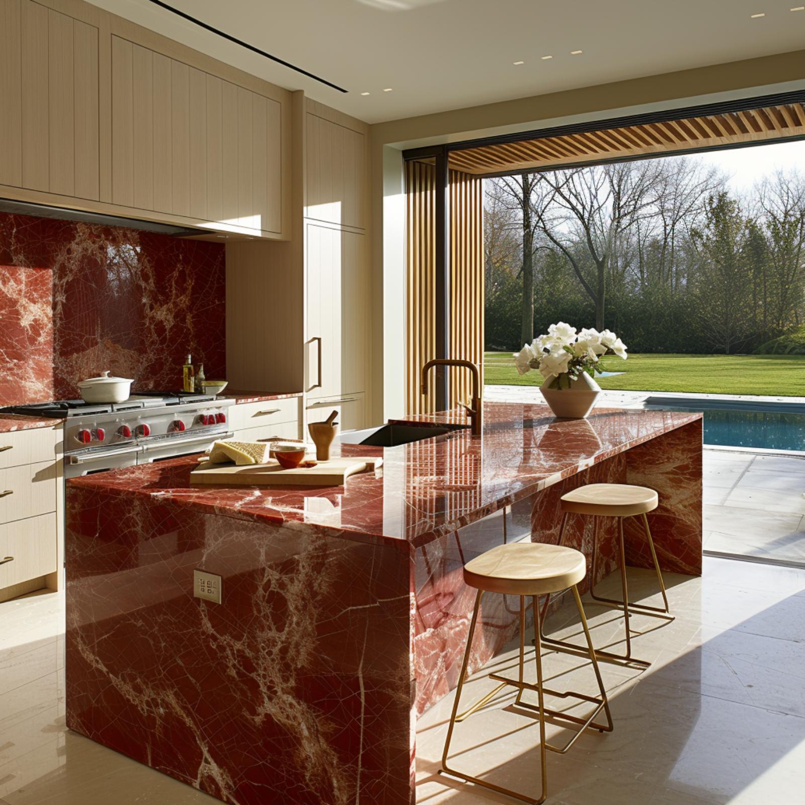 Cream Cabinets, Red Marble Everywhere, and a Pool View That Refuses to Quit