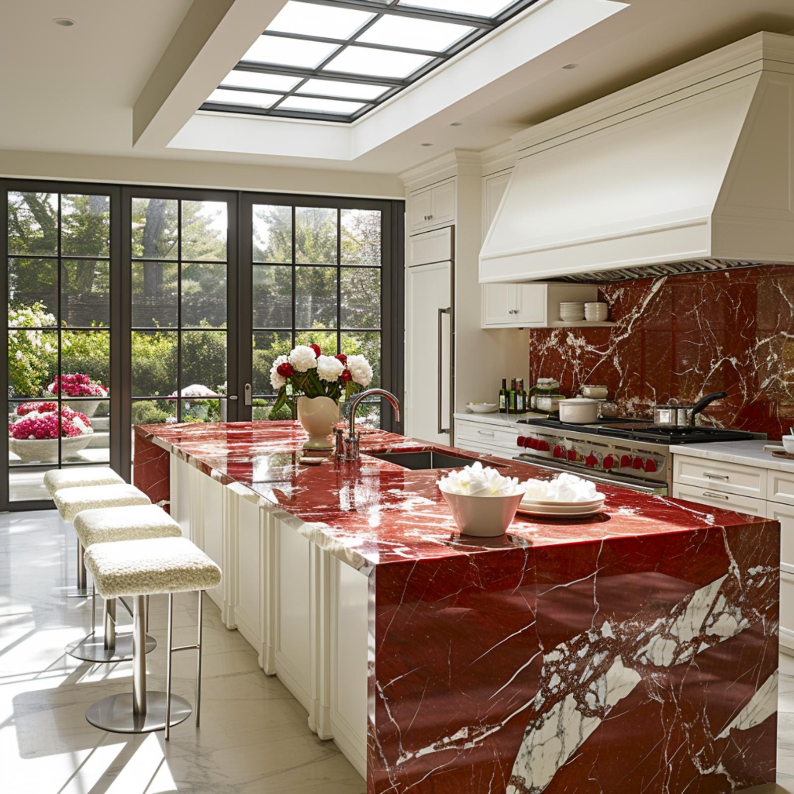 Cream Cabinets, Red Marble, and a Skylight That Makes the Stone Do Something Different