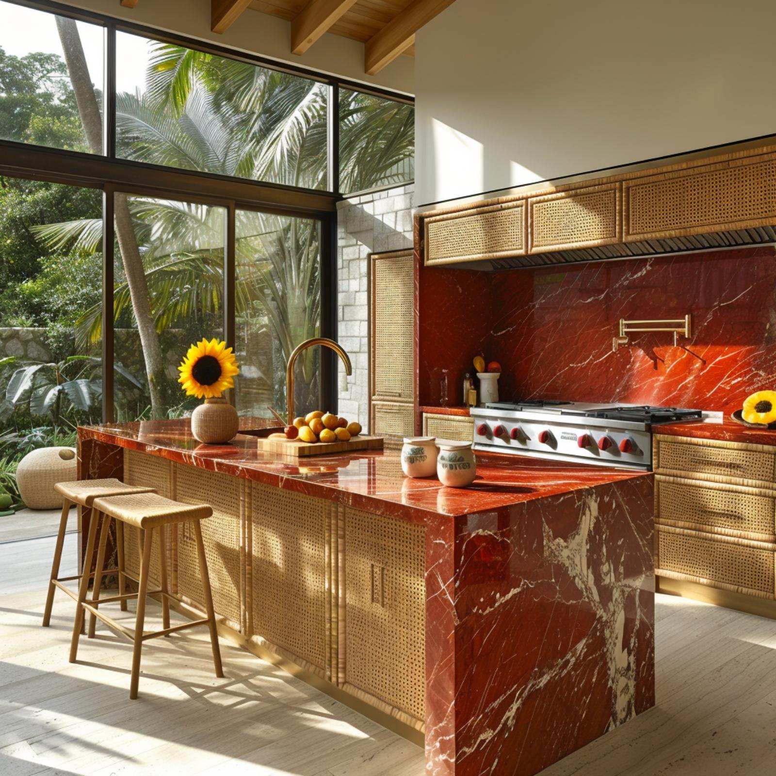 Rouge Marble, Rattan Cabinets, and a Kitchen That Refuses to Whisper
