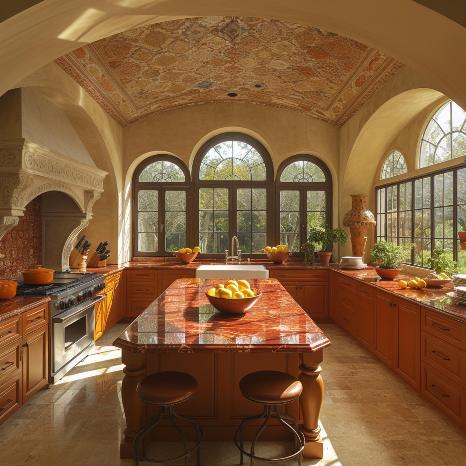 Painted Ceiling, Red Marble Counters, and Arched Windows That Earn Every Square Foot
