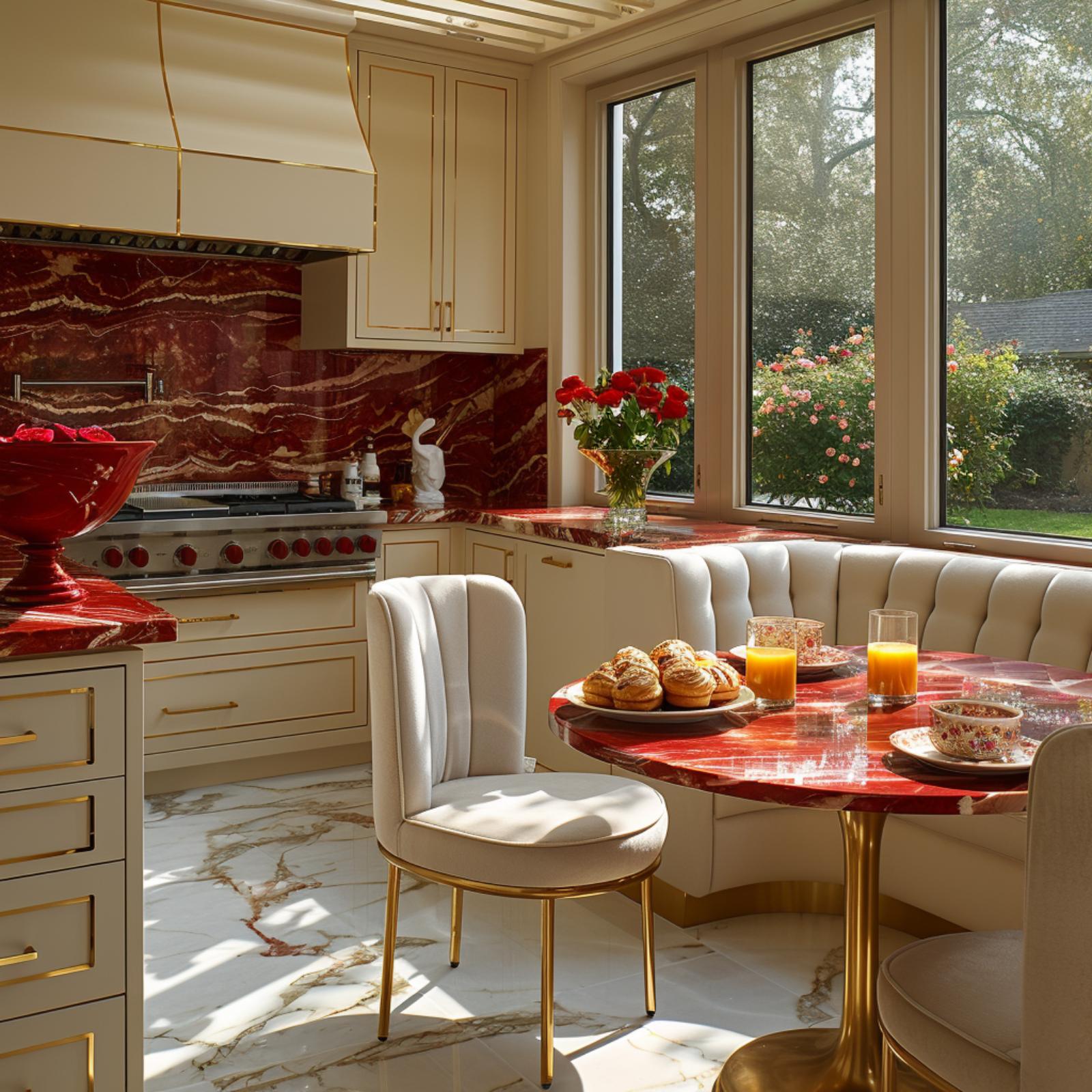 Cream Cabinets, Gold Trim, and Red Marble That Earns Every Surface It Covers
