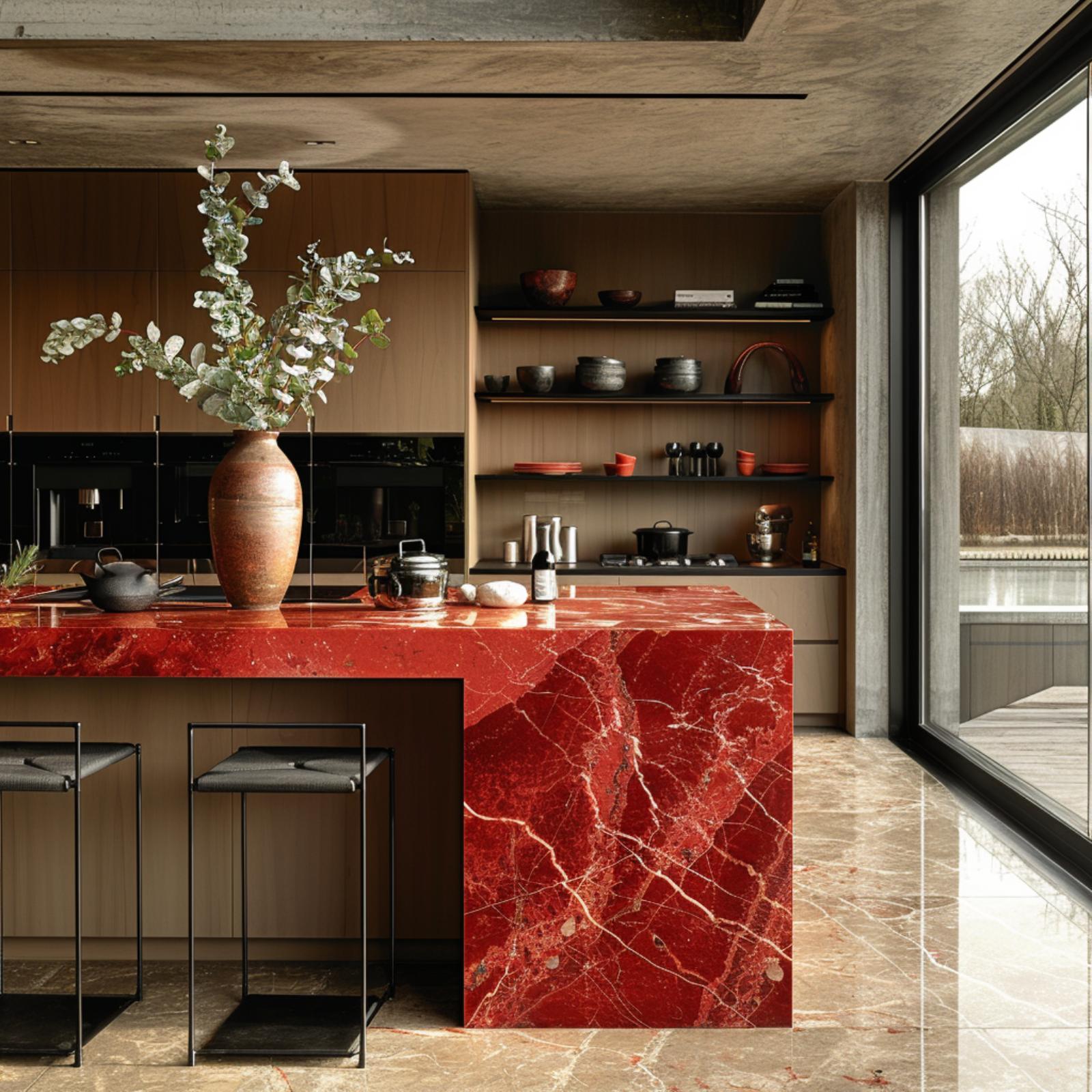 Walnut Cabinetry, Red Marble Island, and Concrete Overhead That Somehow Softens Everything
