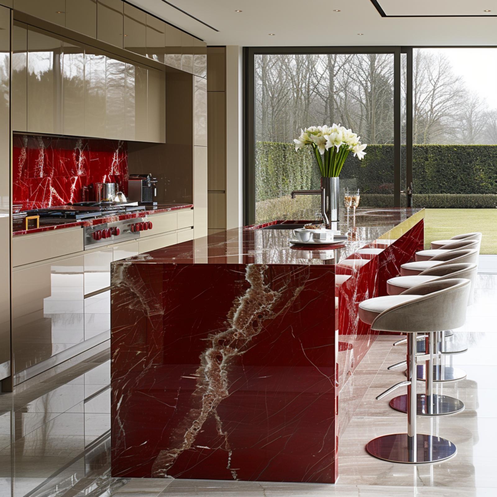 Lacquered Taupe Cabinets, Red Marble Island, and Bar Stools That Know Their Role