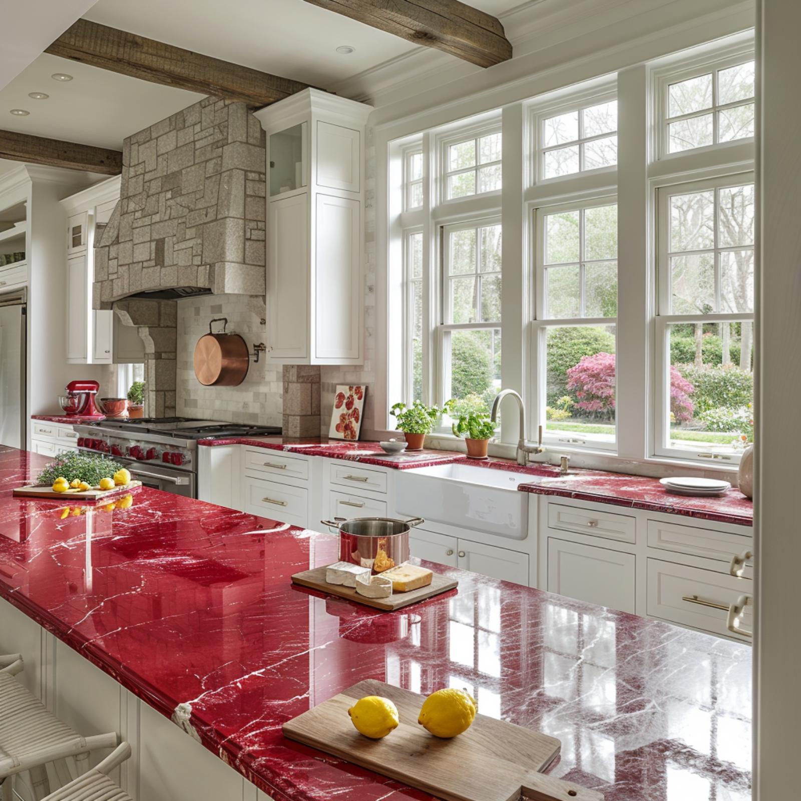 White Cabinets, Exposed Beams, and Red Marble That Owns Every Surface It Touches