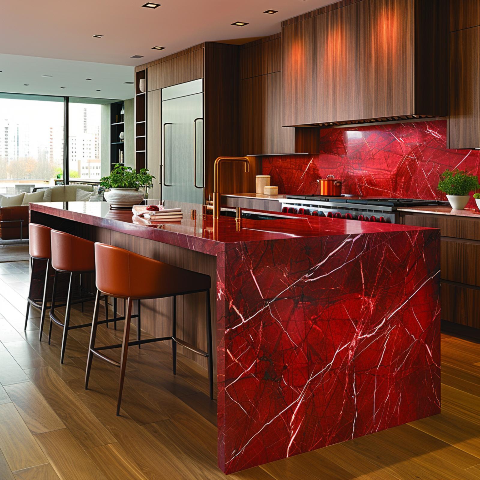 Walnut Cabinets, Red Marble Everywhere, and Brass That Doesn't Apologize