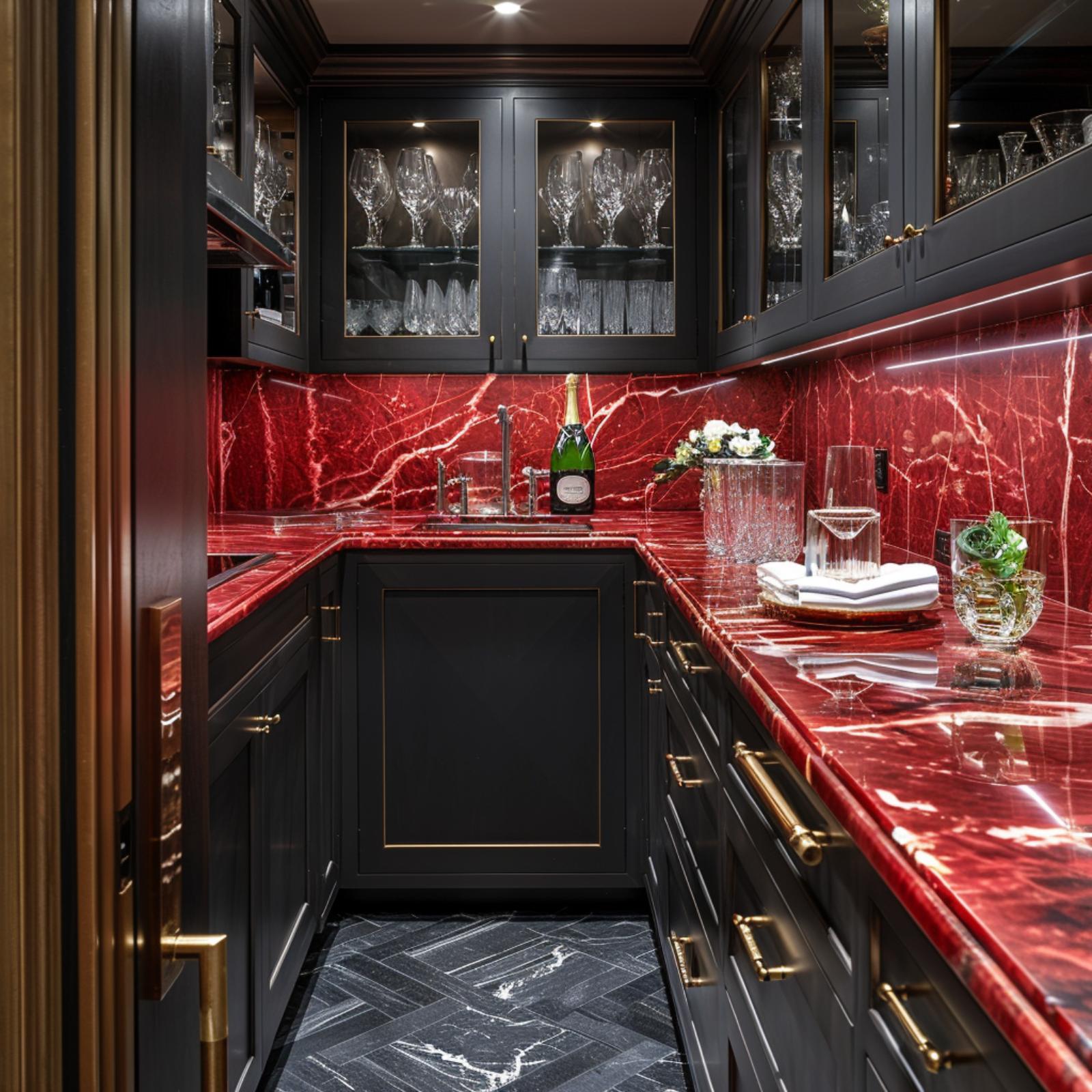 Black Cabinets, Red Marble Everywhere, and Brass Hardware That Pulls No Punches