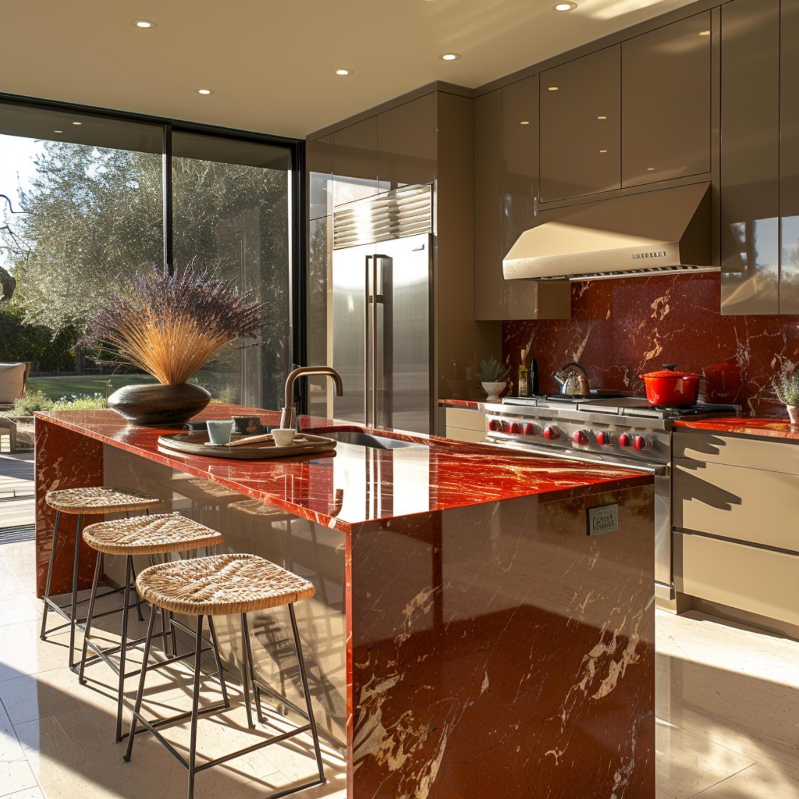 Glossy Taupe Cabinets, Wicker Stools, and Red Marble That Goes Floor to Ceiling