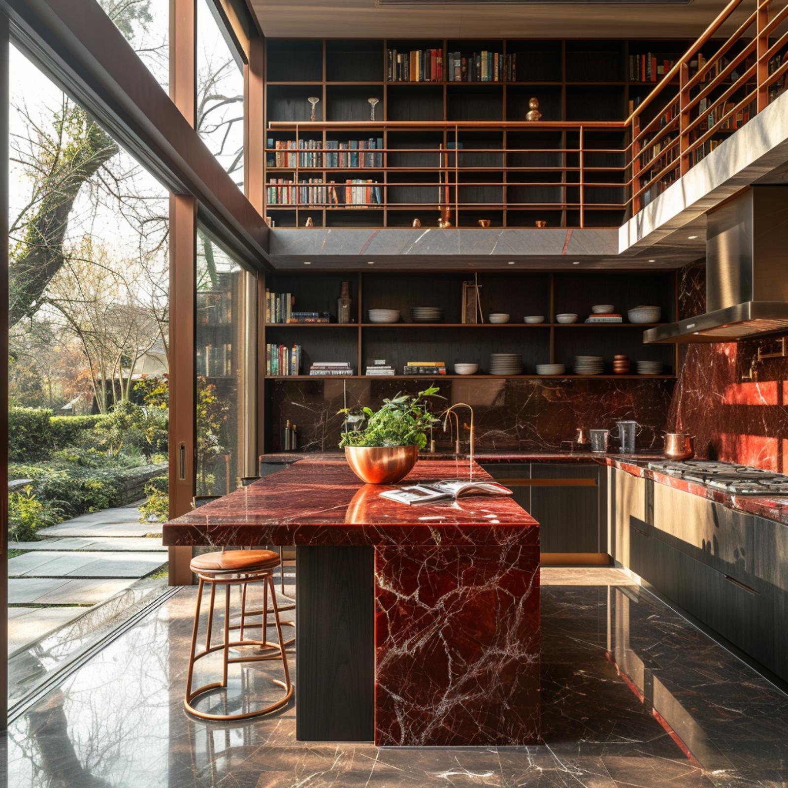 Rosso Levanto Marble, Floor-to-Ceiling Books, and Zero Apologies