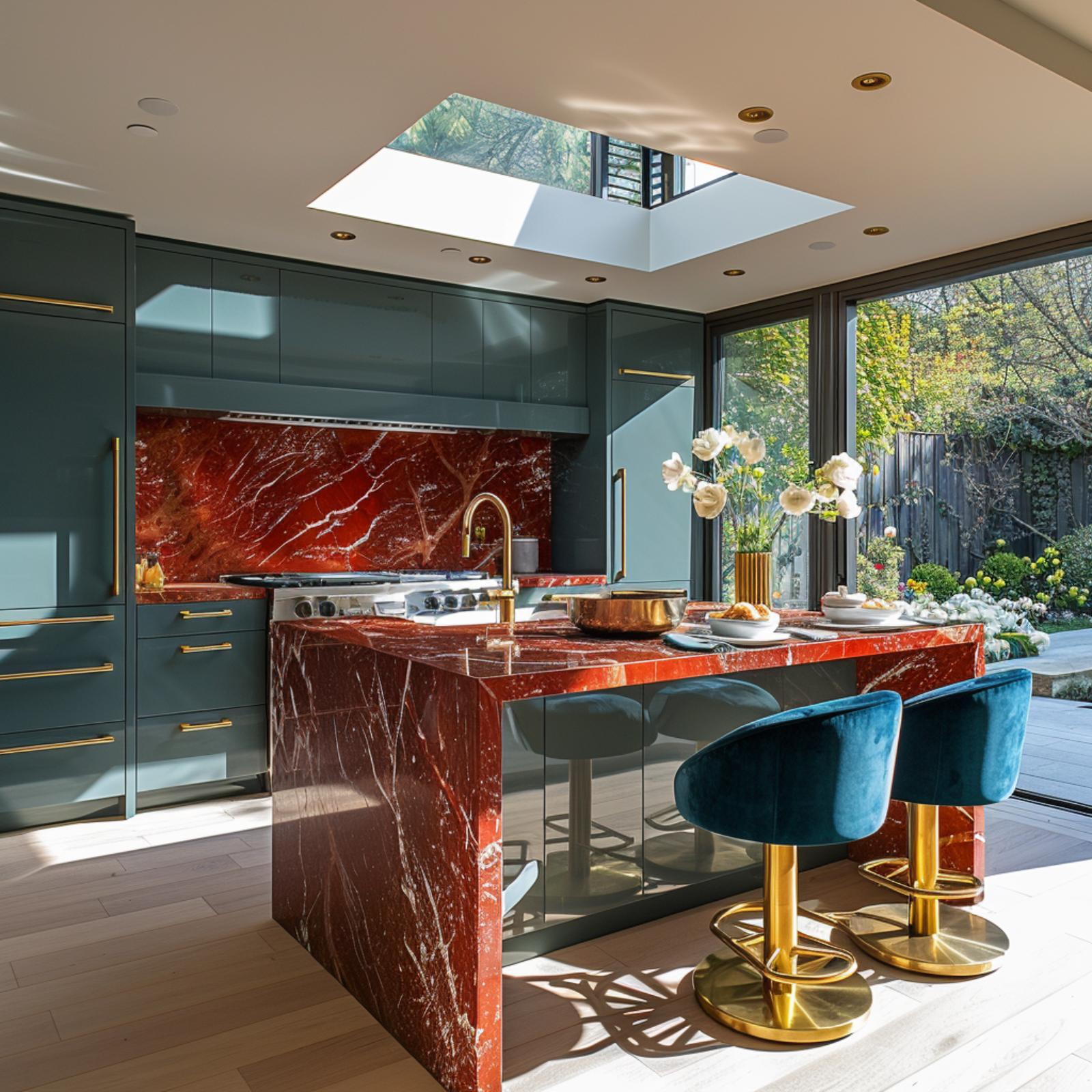 Teal Cabinets, Red Marble Everywhere, and Gold Bar Stools That Anchor the Room
