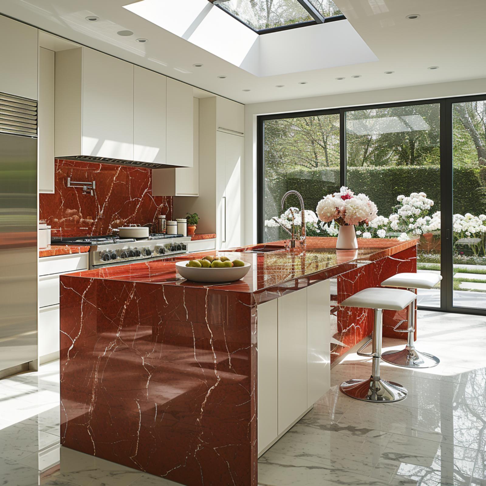 Skylight, Red Marble Everywhere, and White Stools That Know When to Step Back