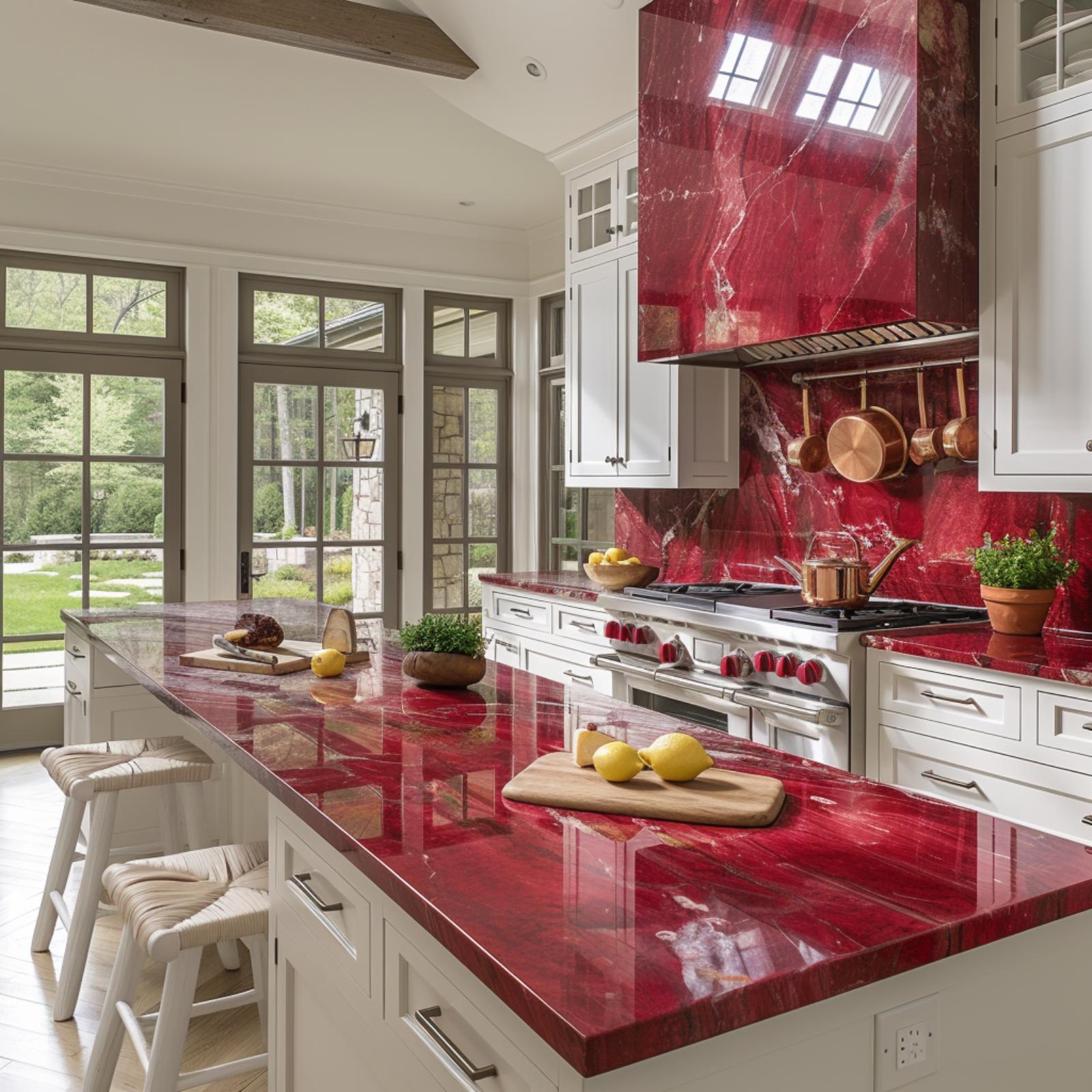 White Cabinets, Copper Pans, and Red Marble That Refuses to Share the Spotlight