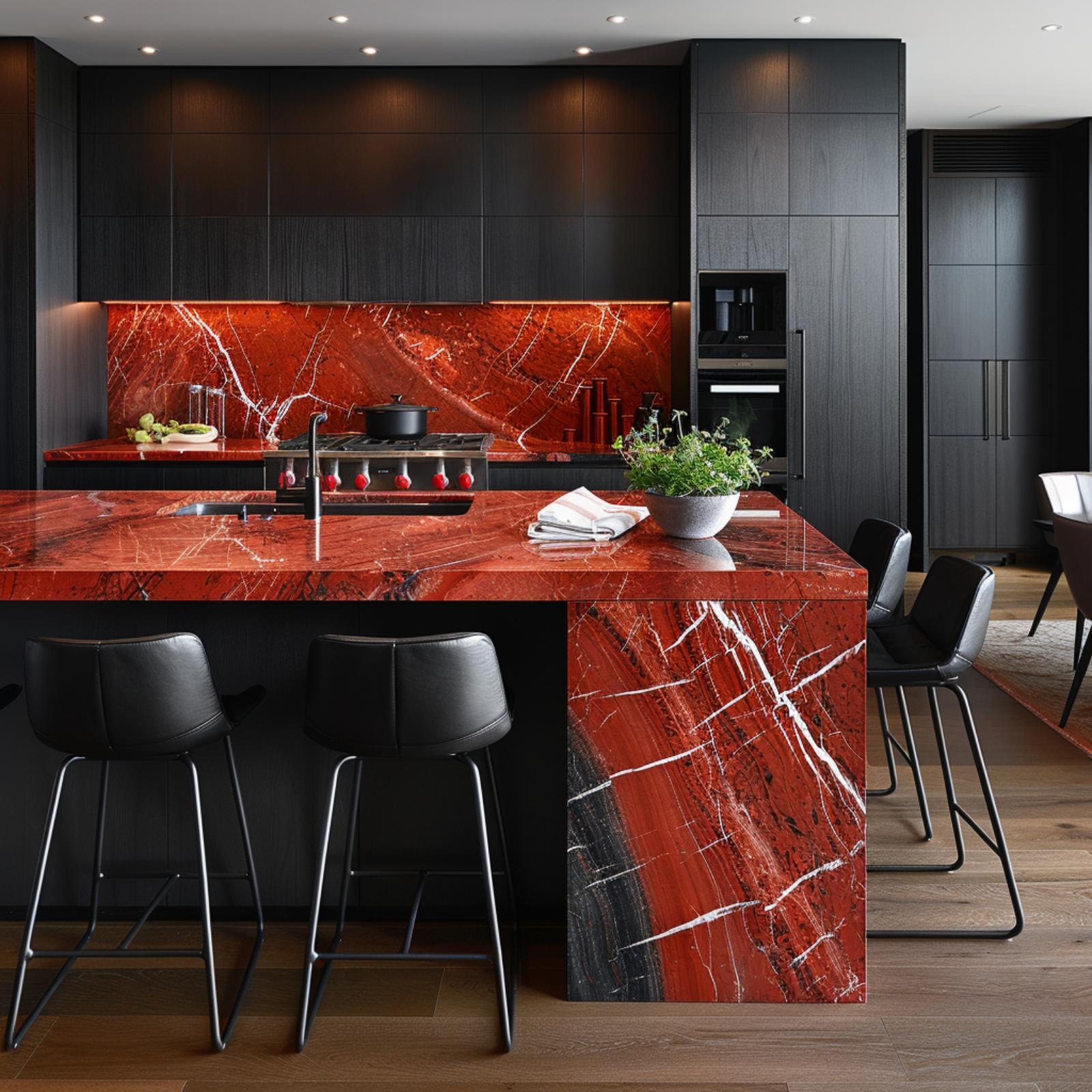 Dark Cabinets, Red Marble Everywhere, and Bar Stools That Don't Flinch