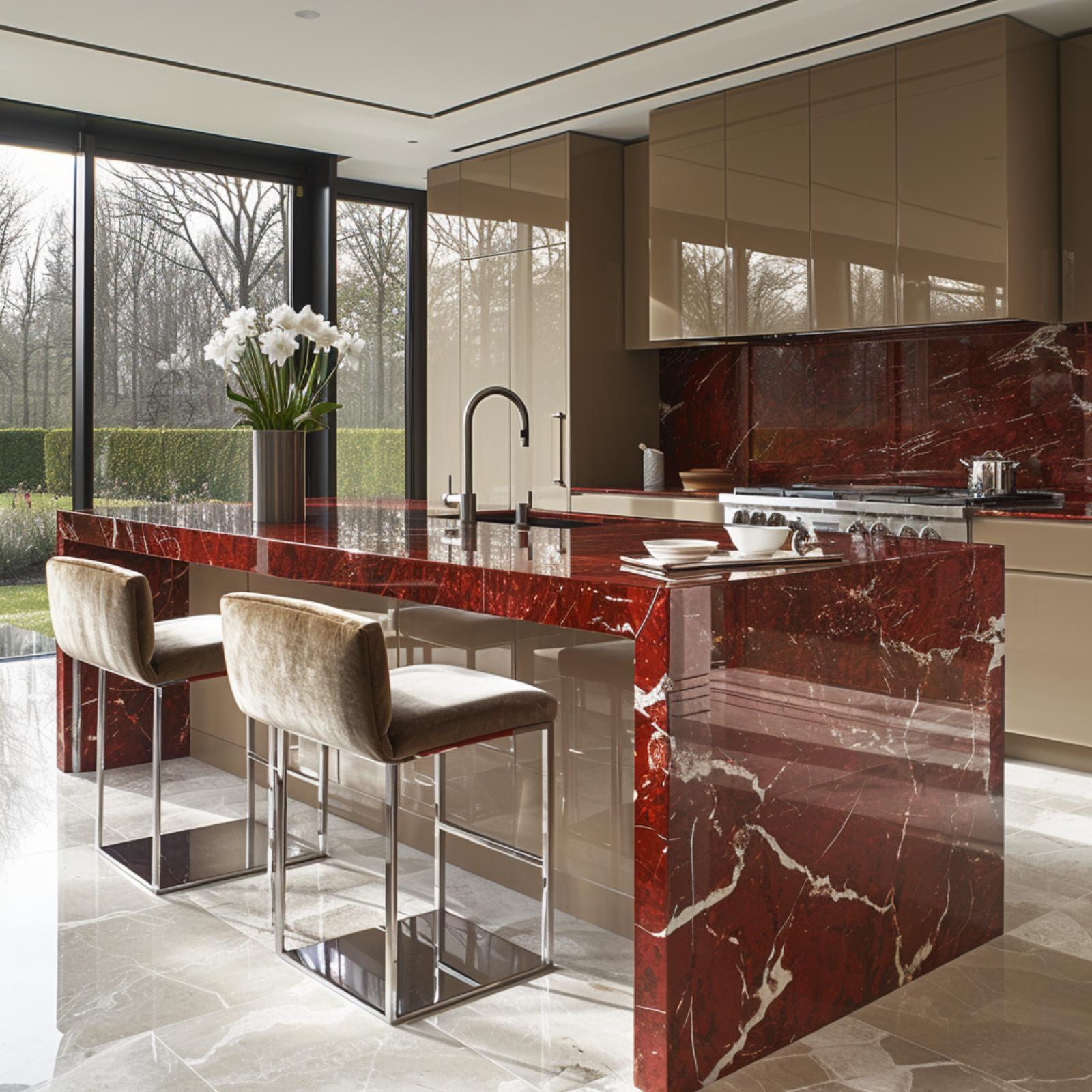 Glossy Taupe Above, Red Marble Below, and Bar Stools That Hold Their Ground