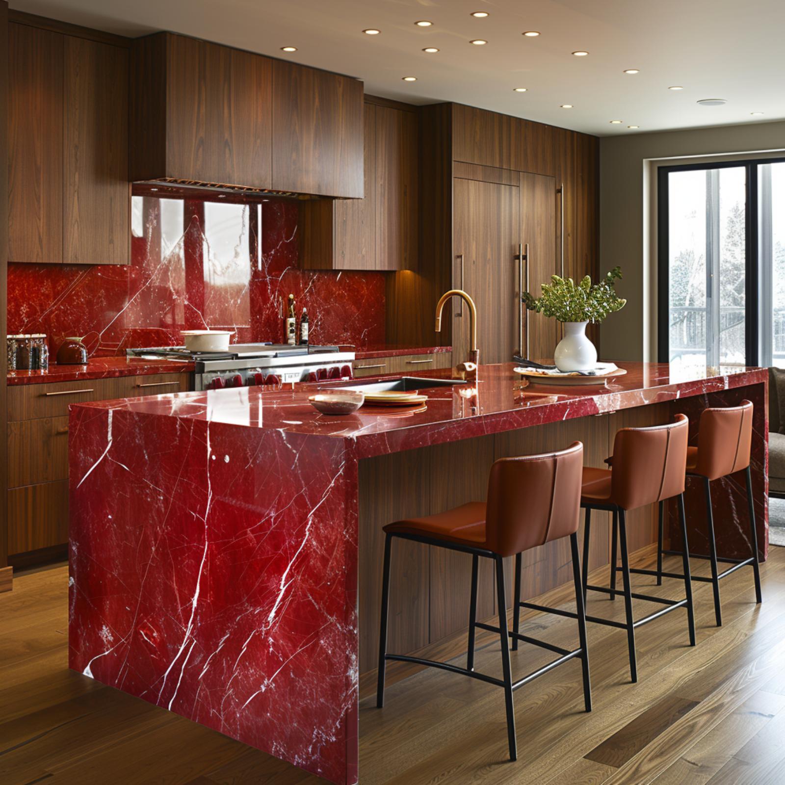 Walnut Cabinets, Red Marble That Closes the Loop, and Bar Stools Worth the Final Look