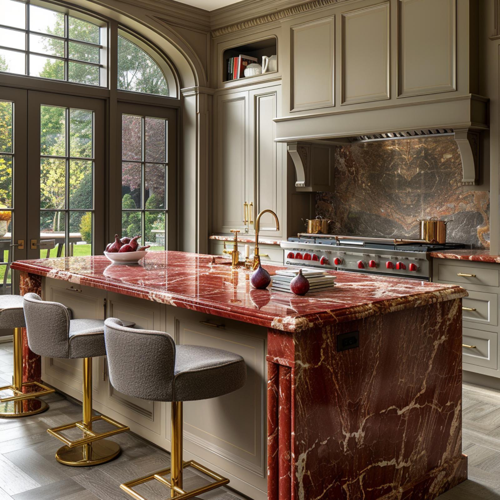 Rosso Francia Marble, Arched Windows, and a Kitchen That Earns Every Glance
