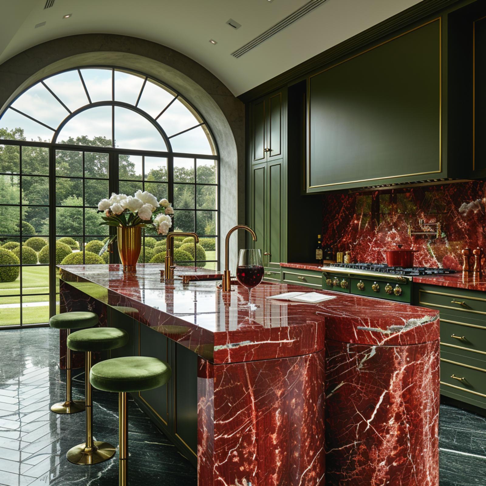Dark Green Cabinets, Red Marble Everywhere, and a Kitchen That Knows Exactly What It's Doing