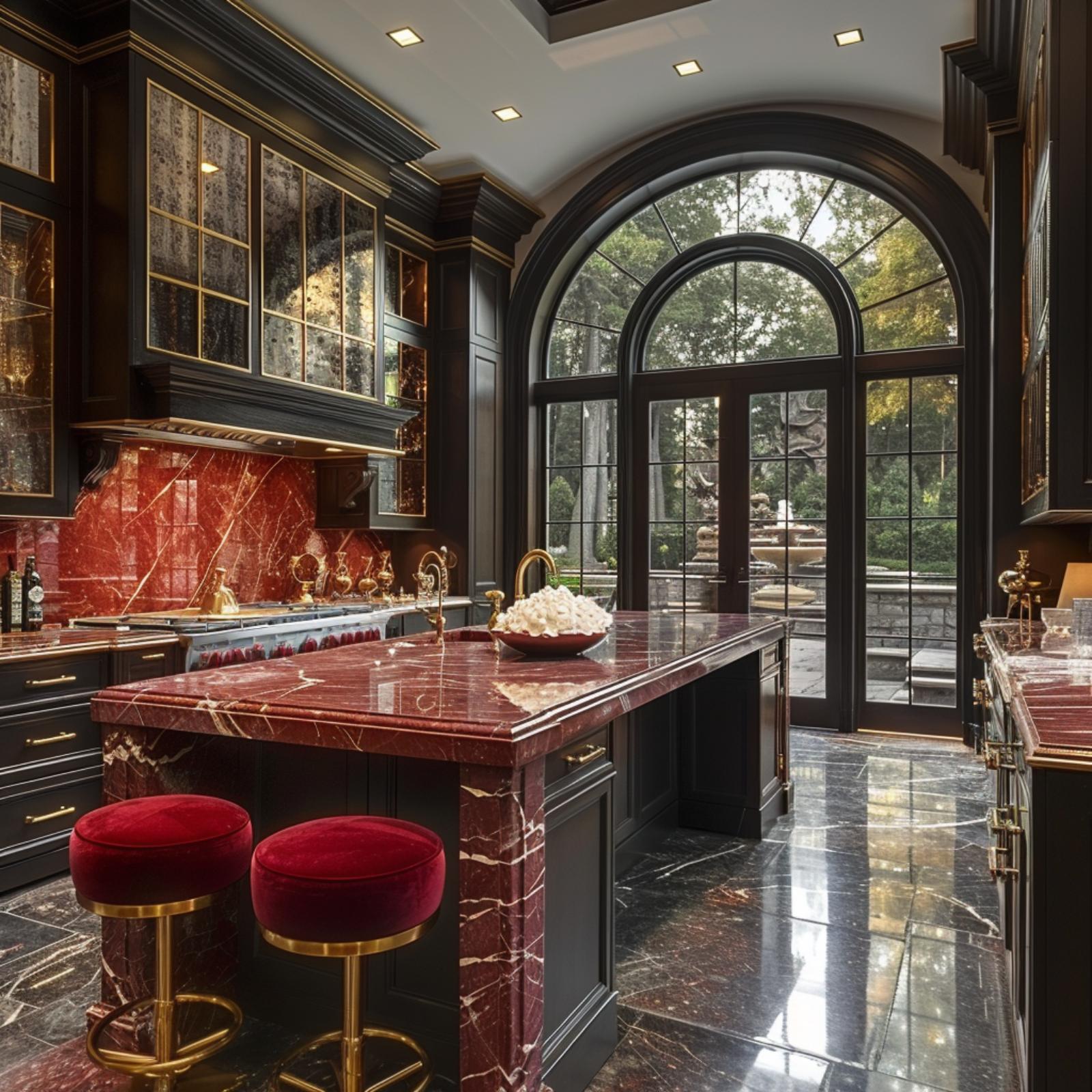 Bordeaux Marble, Velvet Barstools, and a Kitchen That Commands the Room