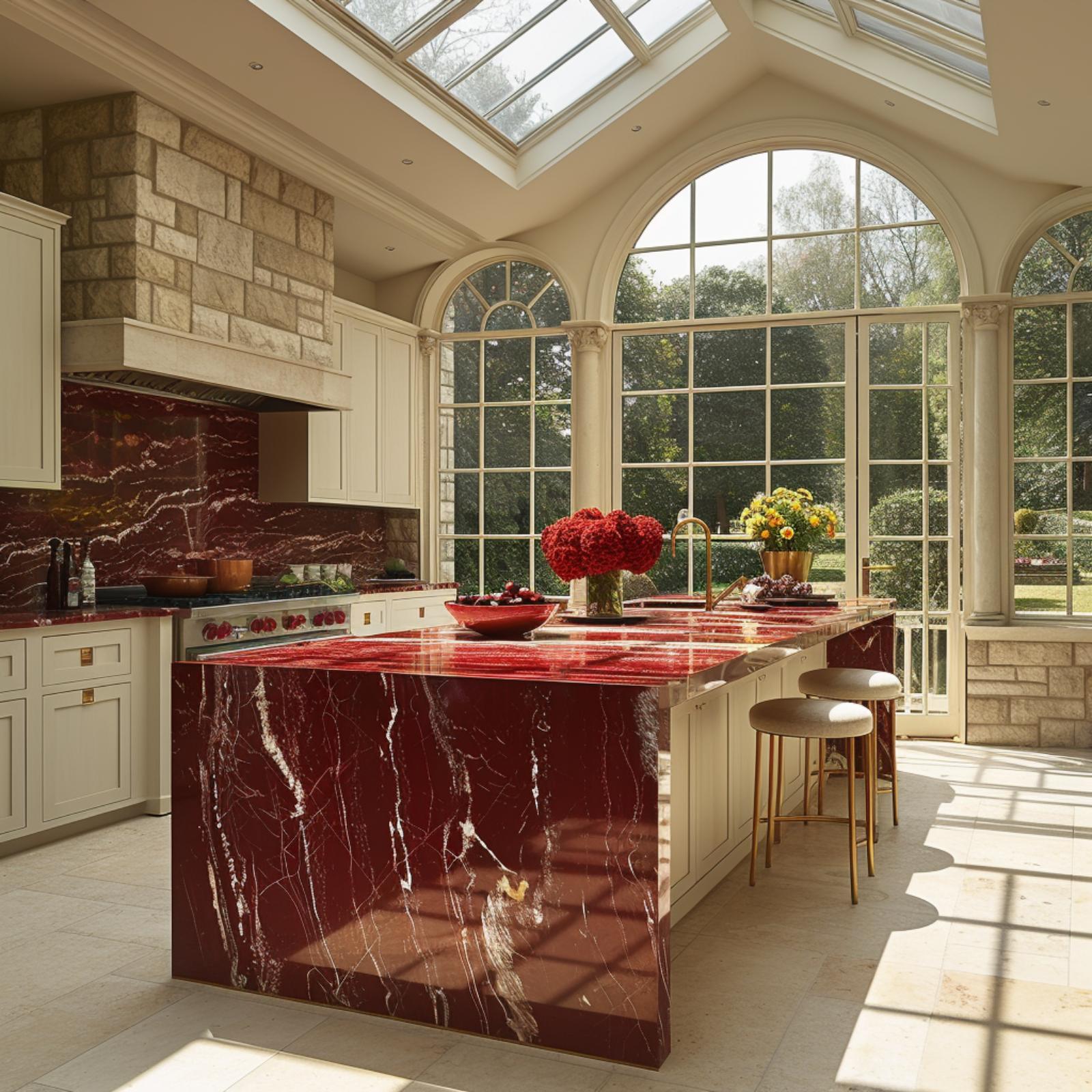 Rosso Imperiale Marble, a Conservatory Kitchen, and Sunlight That Does All the Work
