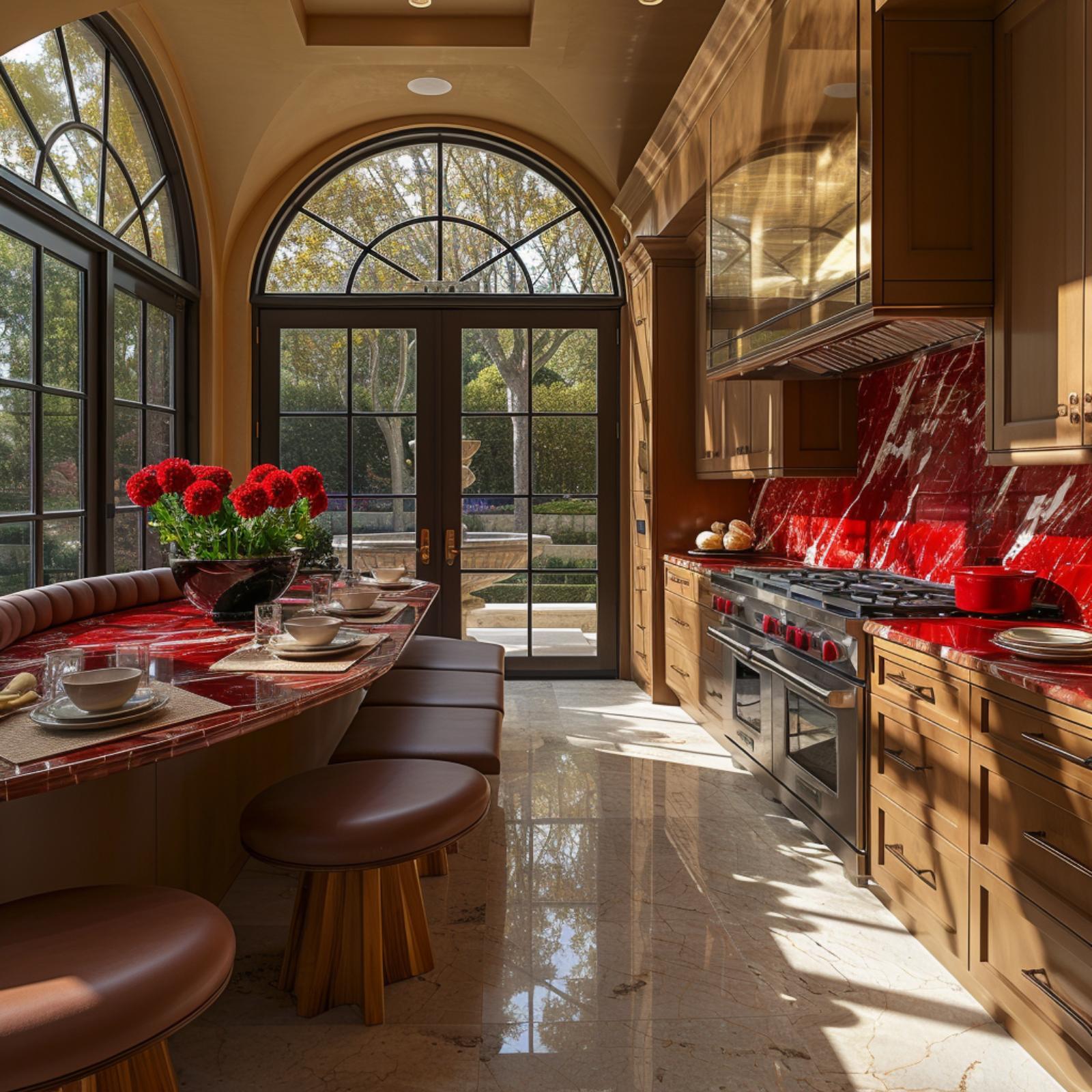 Warm Oak Cabinets, Red Marble Counters, and French Doors That Pull Their Weight