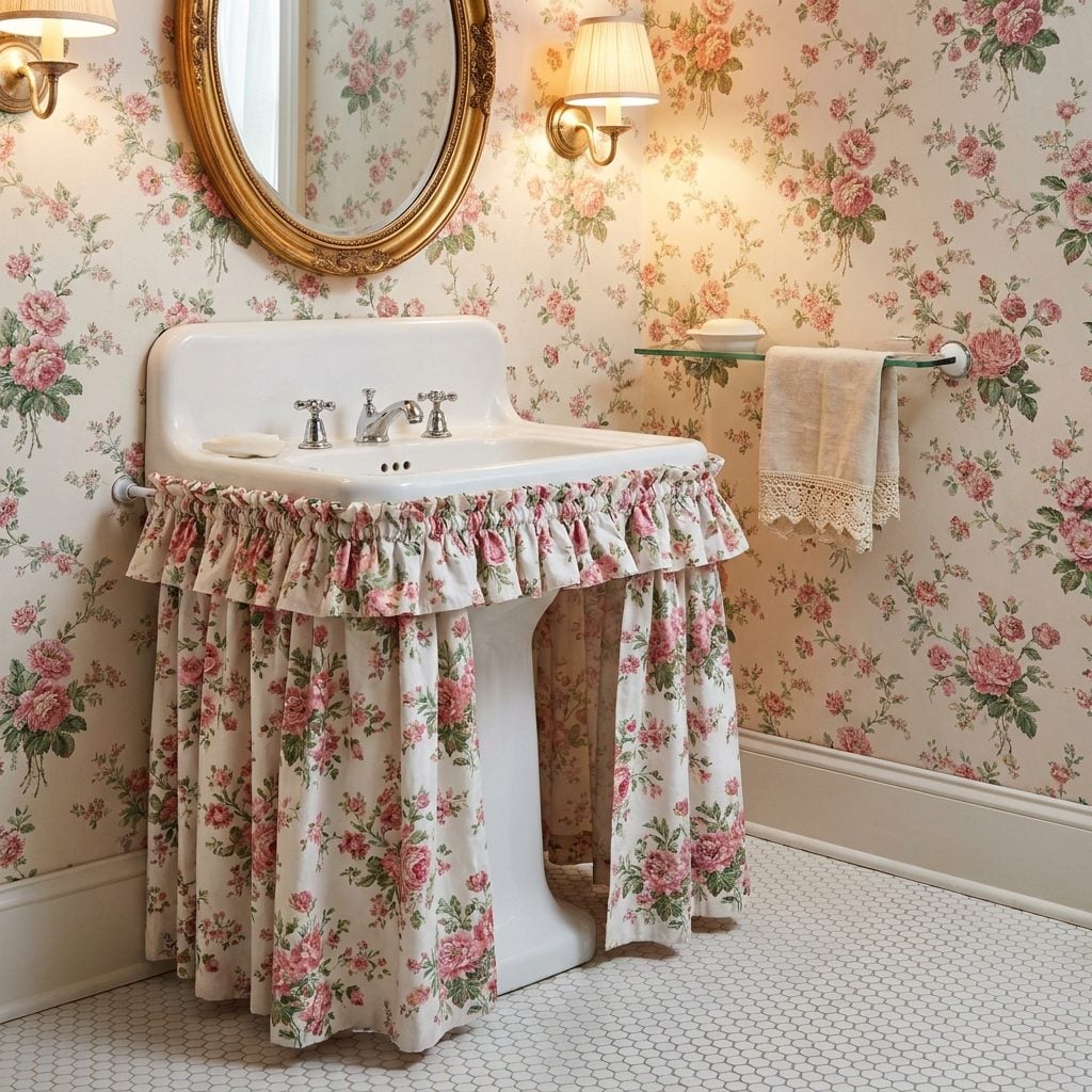 Ruffled Fabric Sink Skirts That Hid the Plumbing and Every Lost Earring