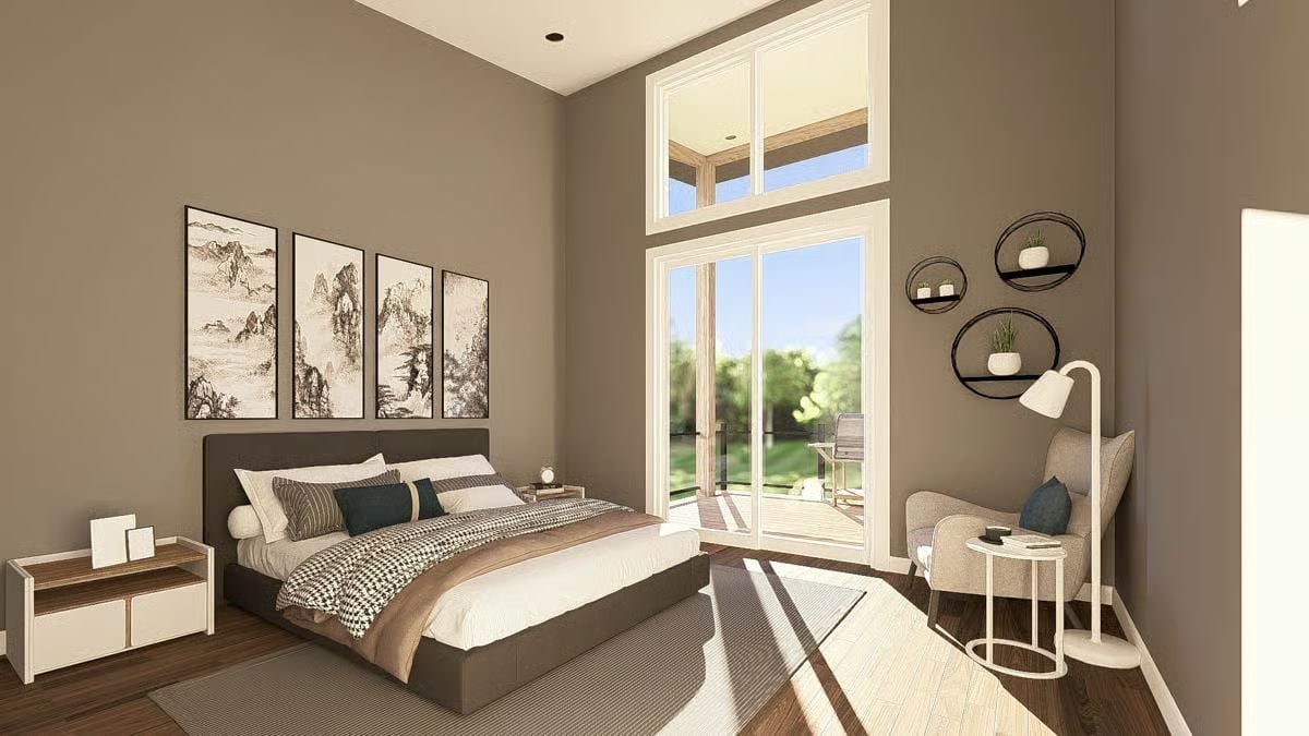 Clerestory Windows and Japanese Ink Art in a Bedroom Built for Two