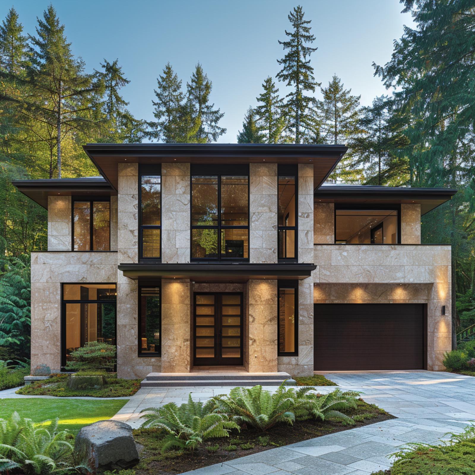 Travertine-Like Stone, Tall Glass, and Why Pale Cladding Reads Differently in the Trees