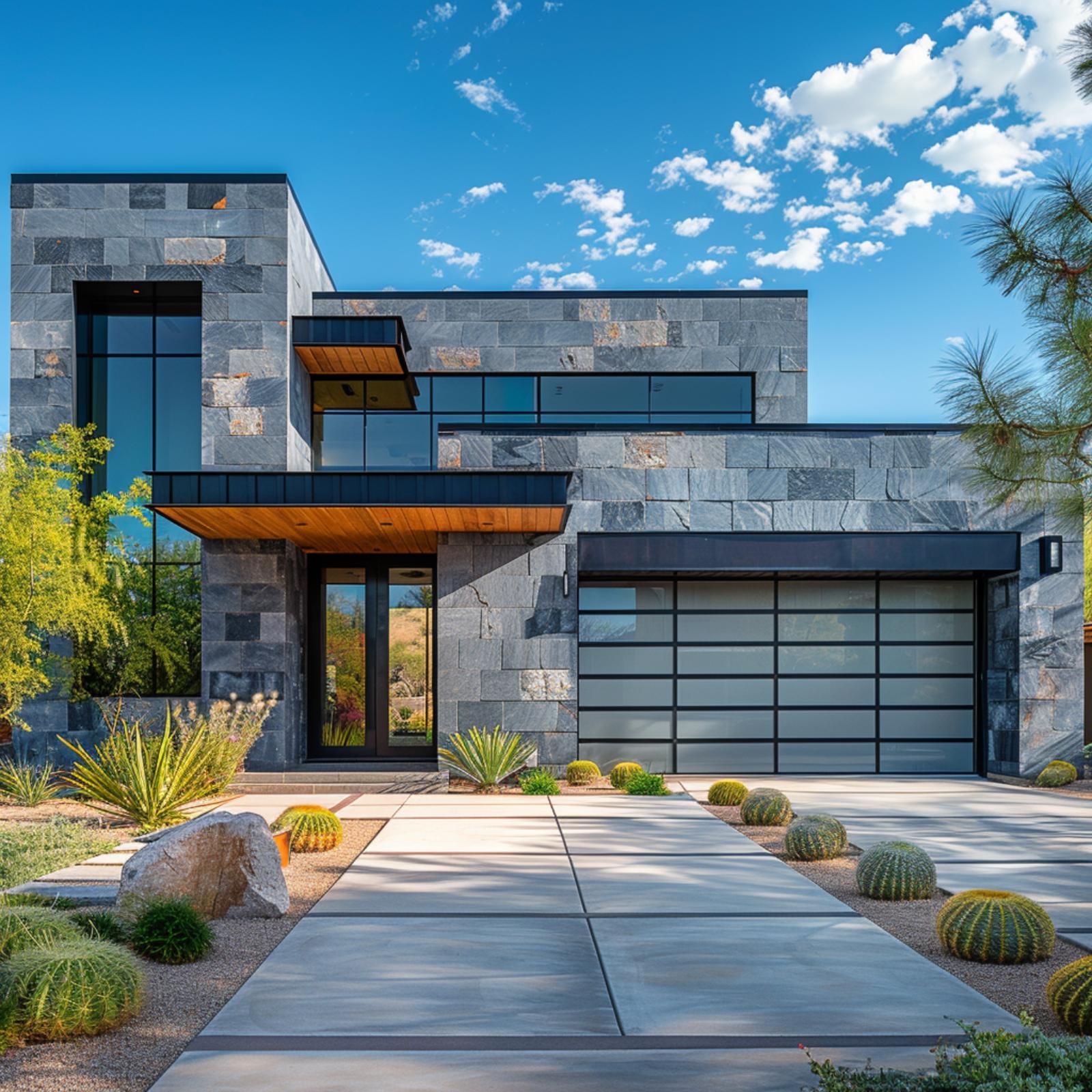 Dark Slate, Desert Gravel, and a Garage Door That Lightens the Facade