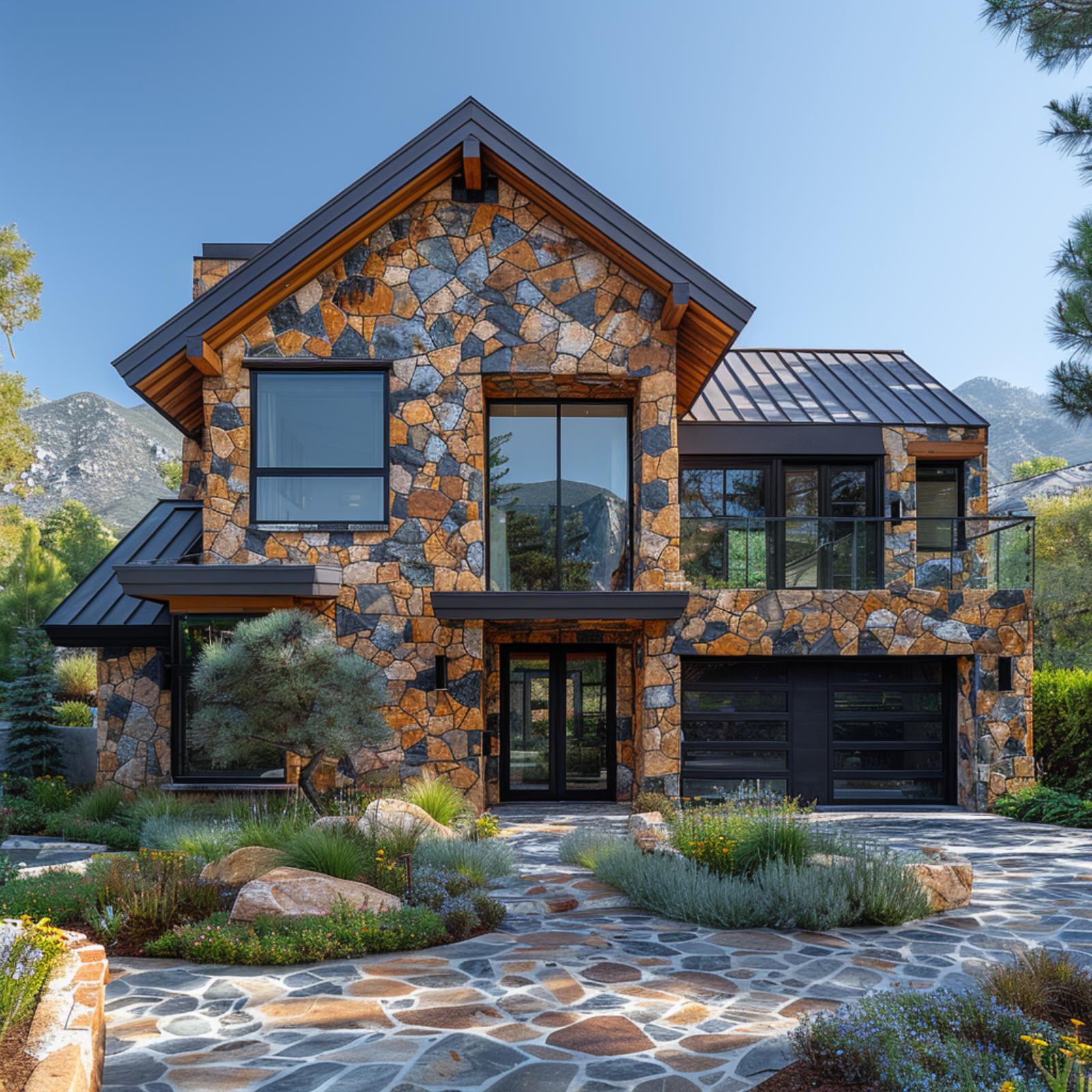 Fractured Stone, Wood Brackets, and a Driveway That Repeats the Facade Palette
