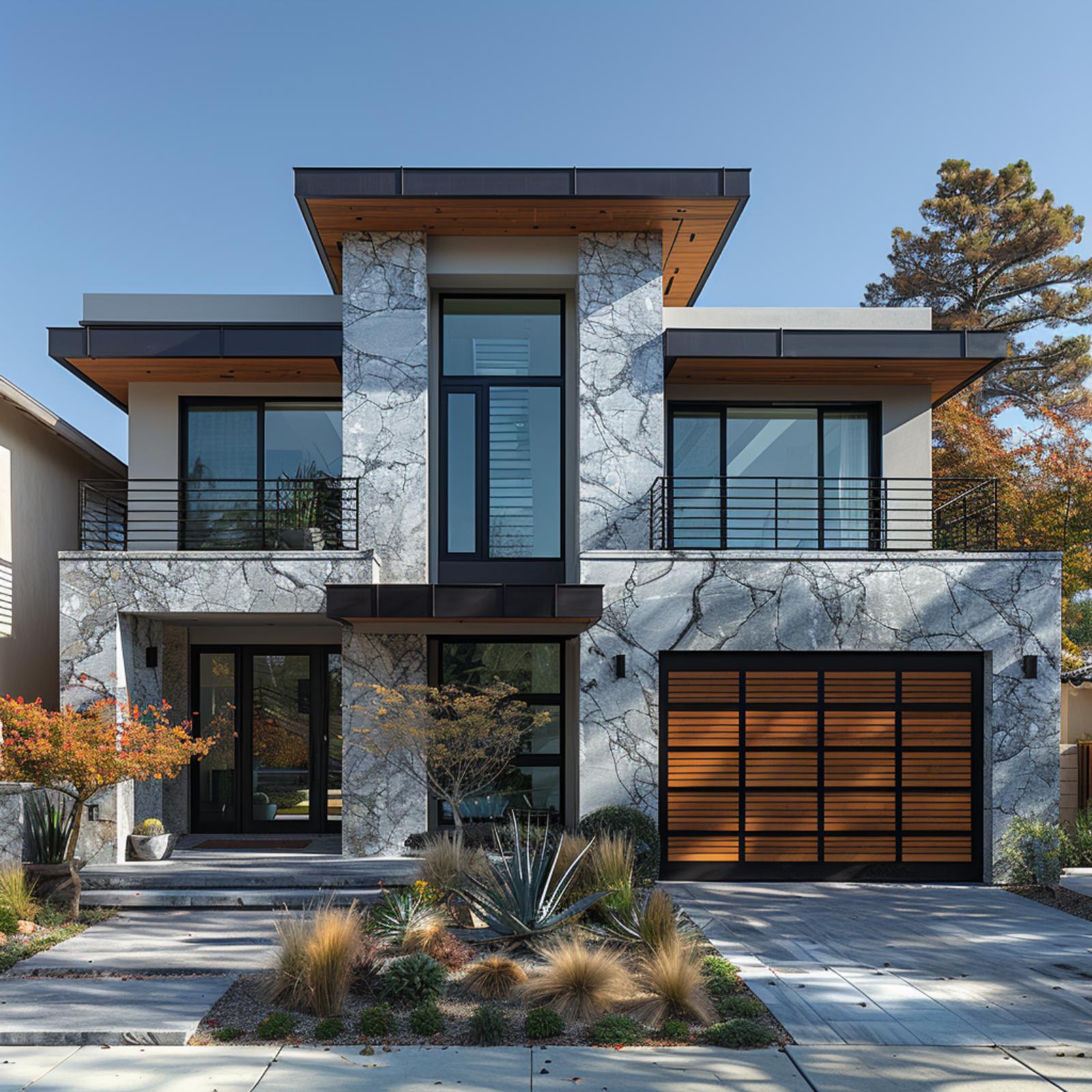 Marble-Veined Stone, Cedar Soffits, and a Garage Door That Warms the Whole Facade