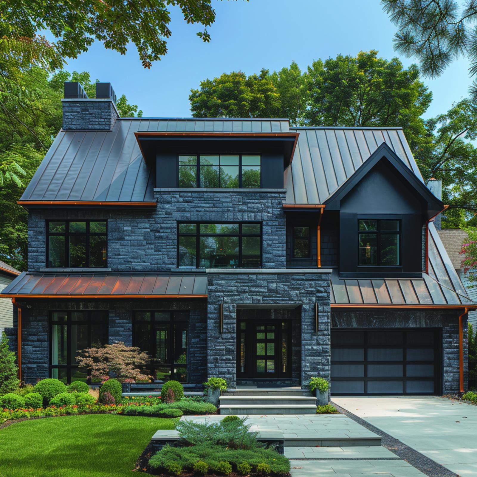Copper Gutters, Blue-Black Stone, and a Roofline That Refuses to Be Ignored