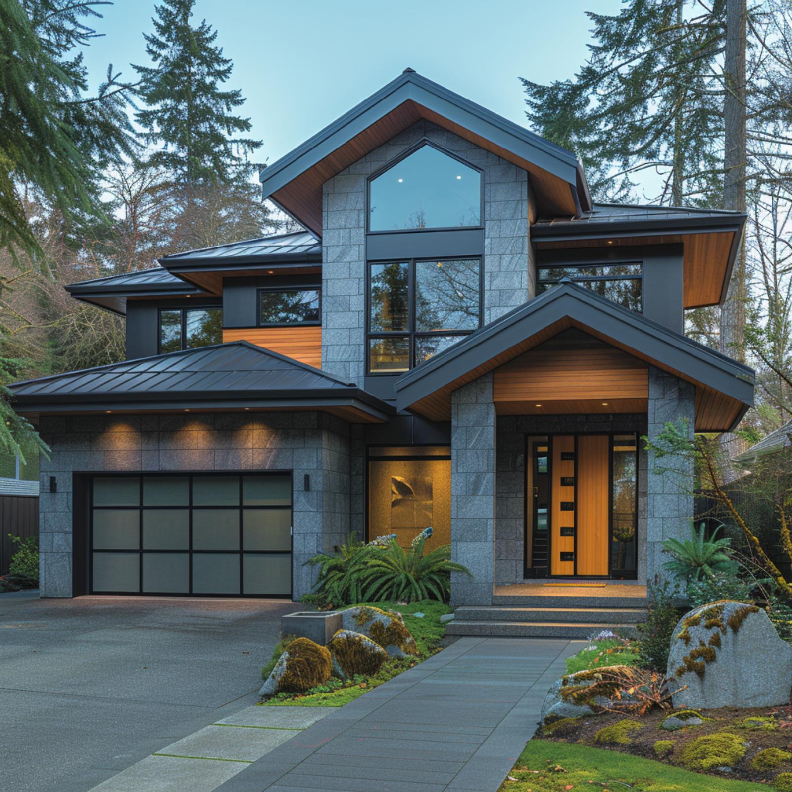 Granite-Style Cladding, Cedar Ceilings, and a Roofline Playing Four Angles at Once