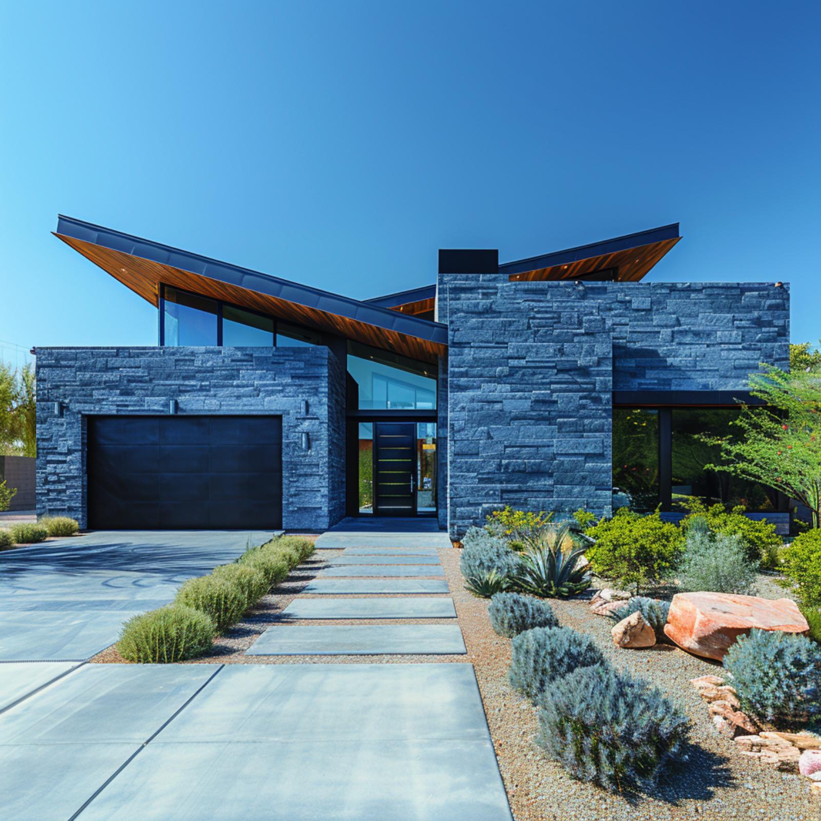 Slate-Blue Stone, Cantilevered Wood Soffits, and a Roofline That Actually Takes a Stance