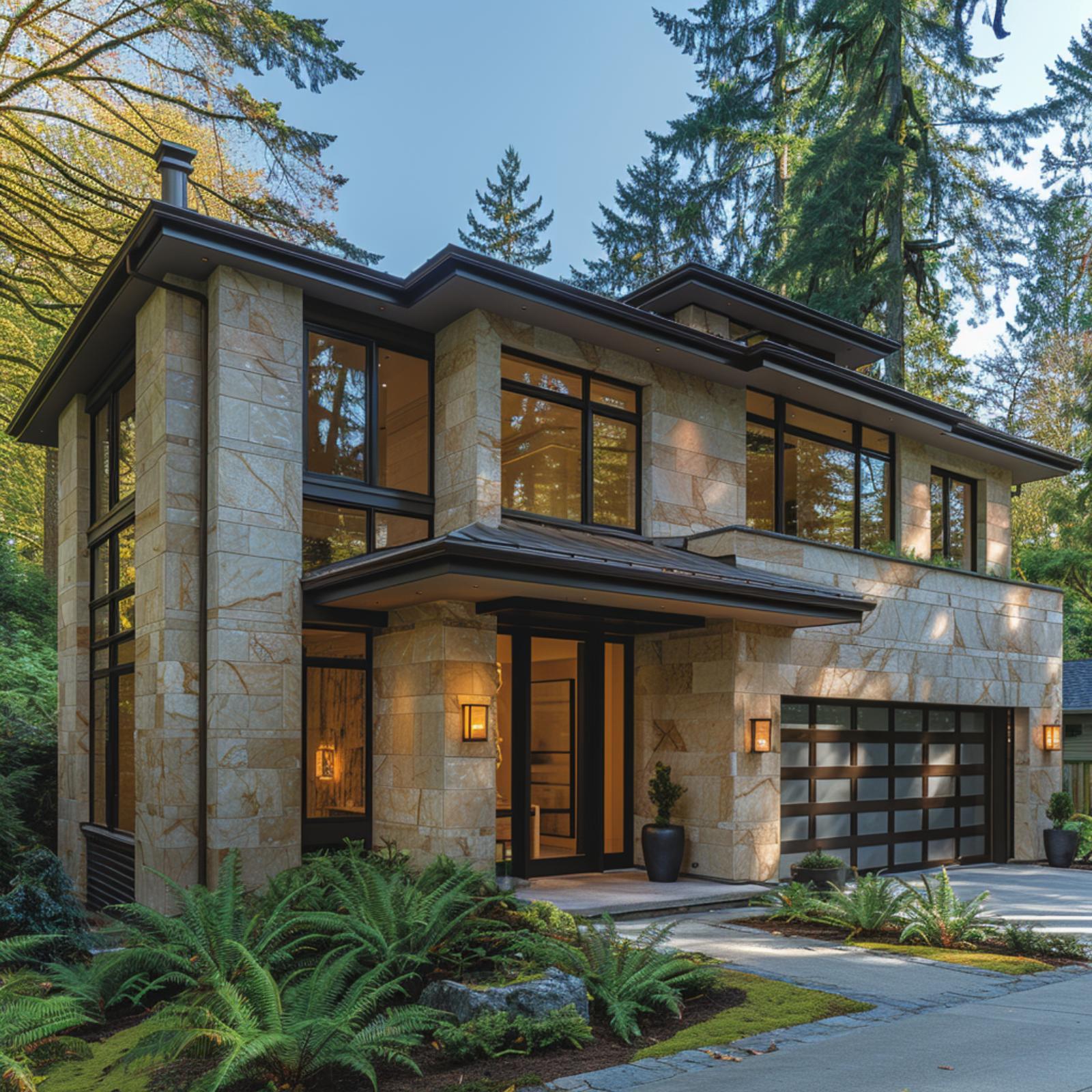 Honey Ashlar, Glass Garage, Tall Conifers: Pacific Northwest Gets Its Due