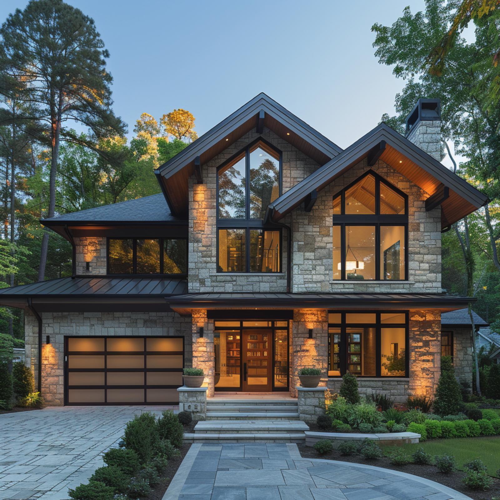 Coursed Limestone, Frosted Glass Garage, and a Roofline That Refuses to Pick Just One Peak