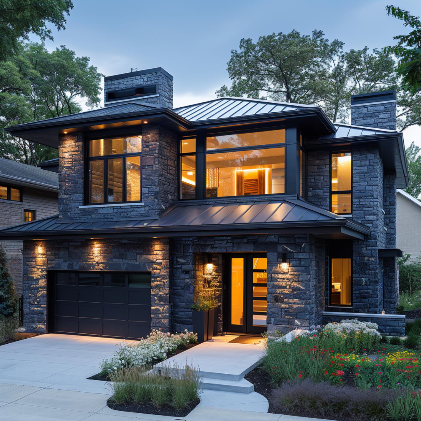 Blue-Gray Stone, Metal Lid, Two Chimneys: Some Facades Don't Need to Explain Themselves