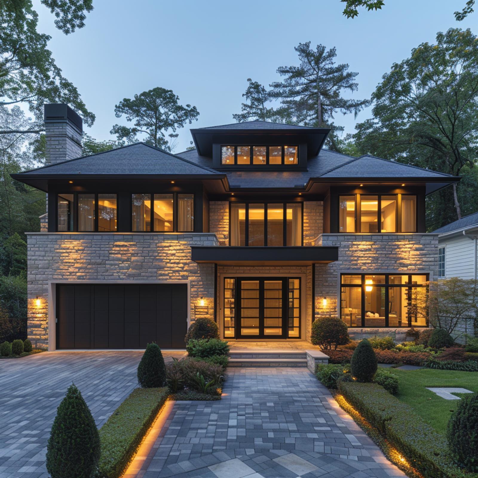 Buff Ashlar, Prairie Roofline, and a Driveway That Leads the Eye Home