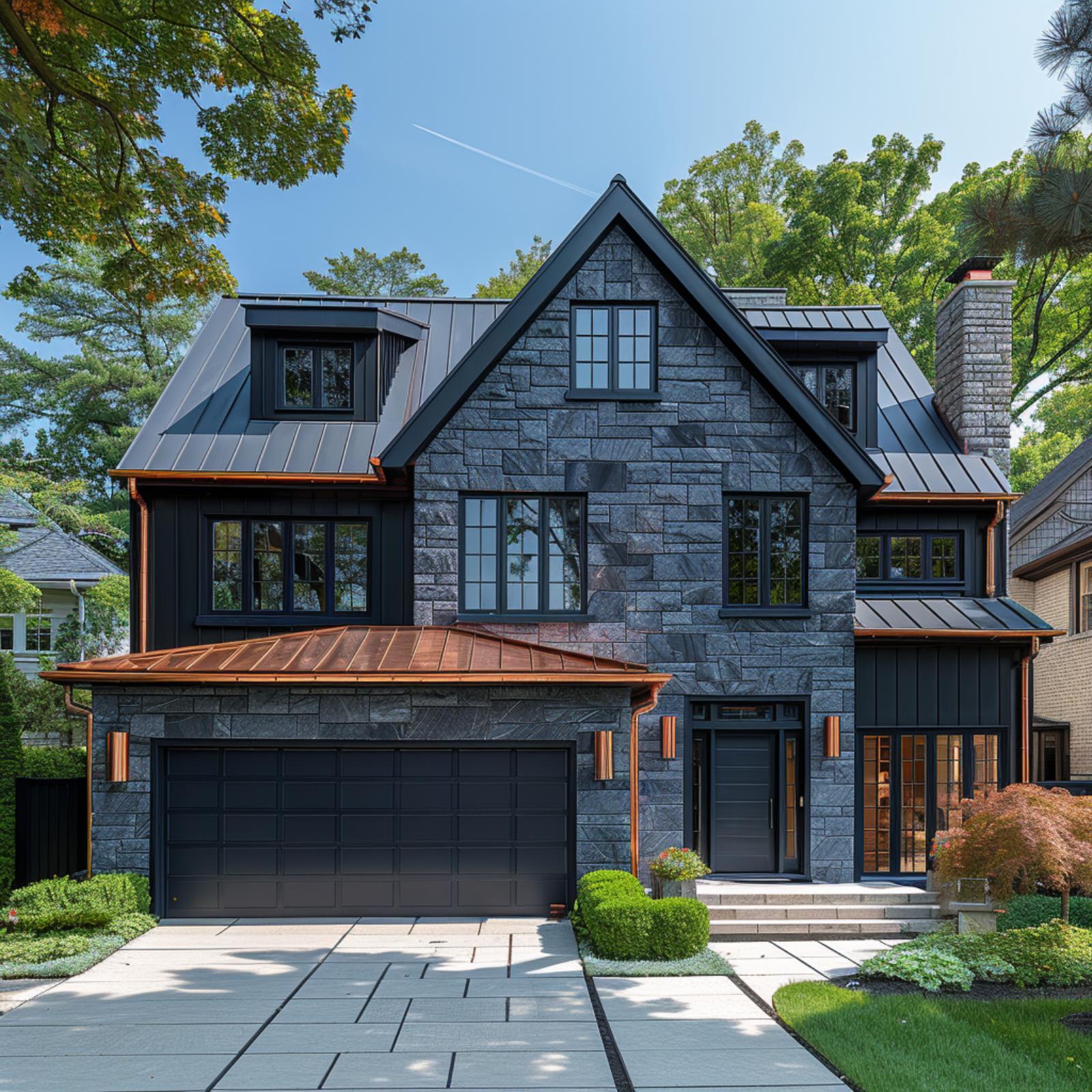 Copper Gutters, Dark Stone, and a Garage Roof That Completes the Material Story